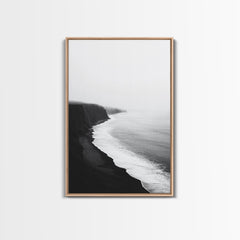 Cliff Coast, Mist Horizon, Monochrome Sea, Rugged Beauty, Canvas Print, Living Room Wall Art, Coastal Modern Style, Minimalist Ocean Scene Light Oak Frame