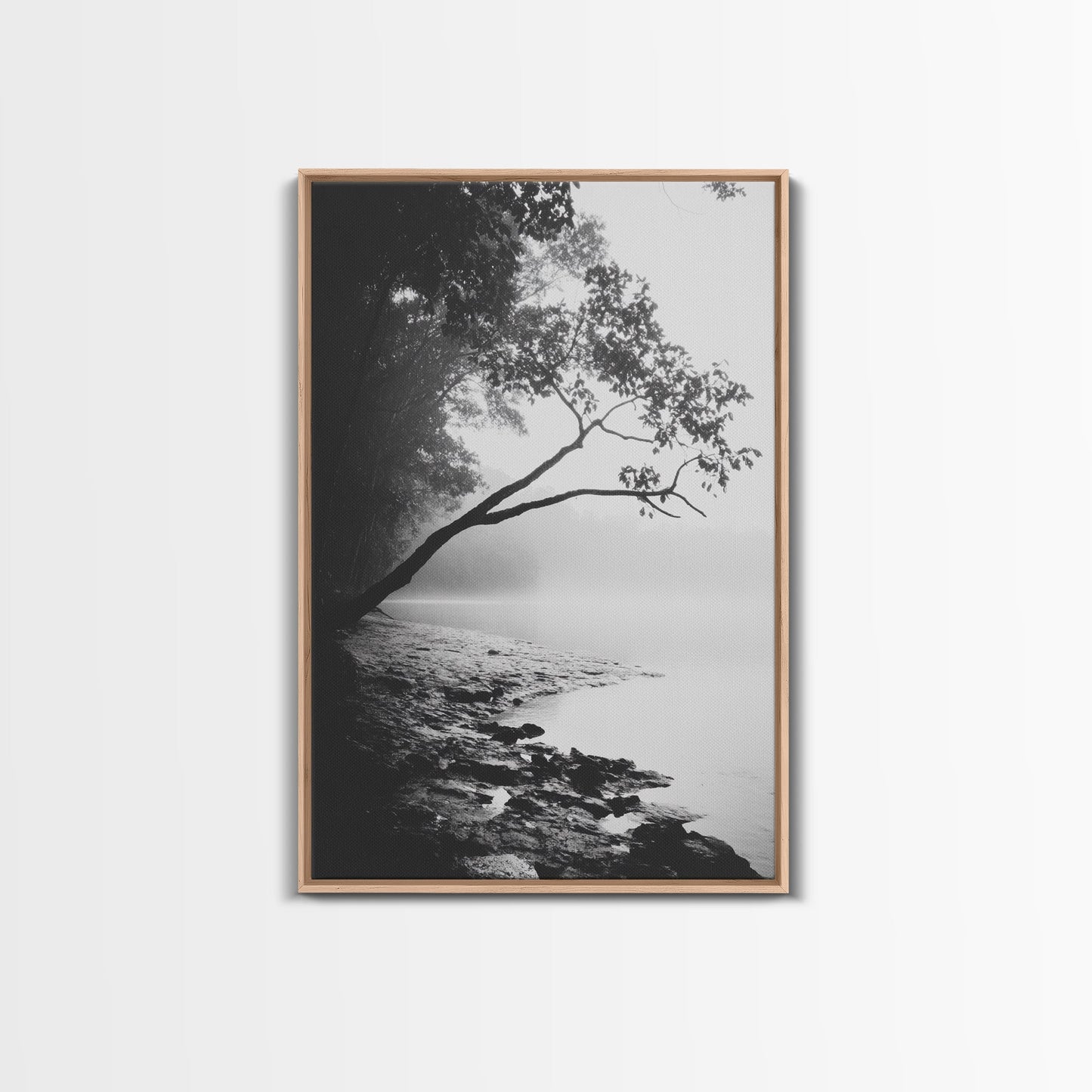 Misty Tree, Shoreline Fog, Forest Edge, Moody Atmosphere, Framed Canvas Print, Bedroom Wall Art, Autumn Woodland Style, Serene Nature Decor Light Oak Floater