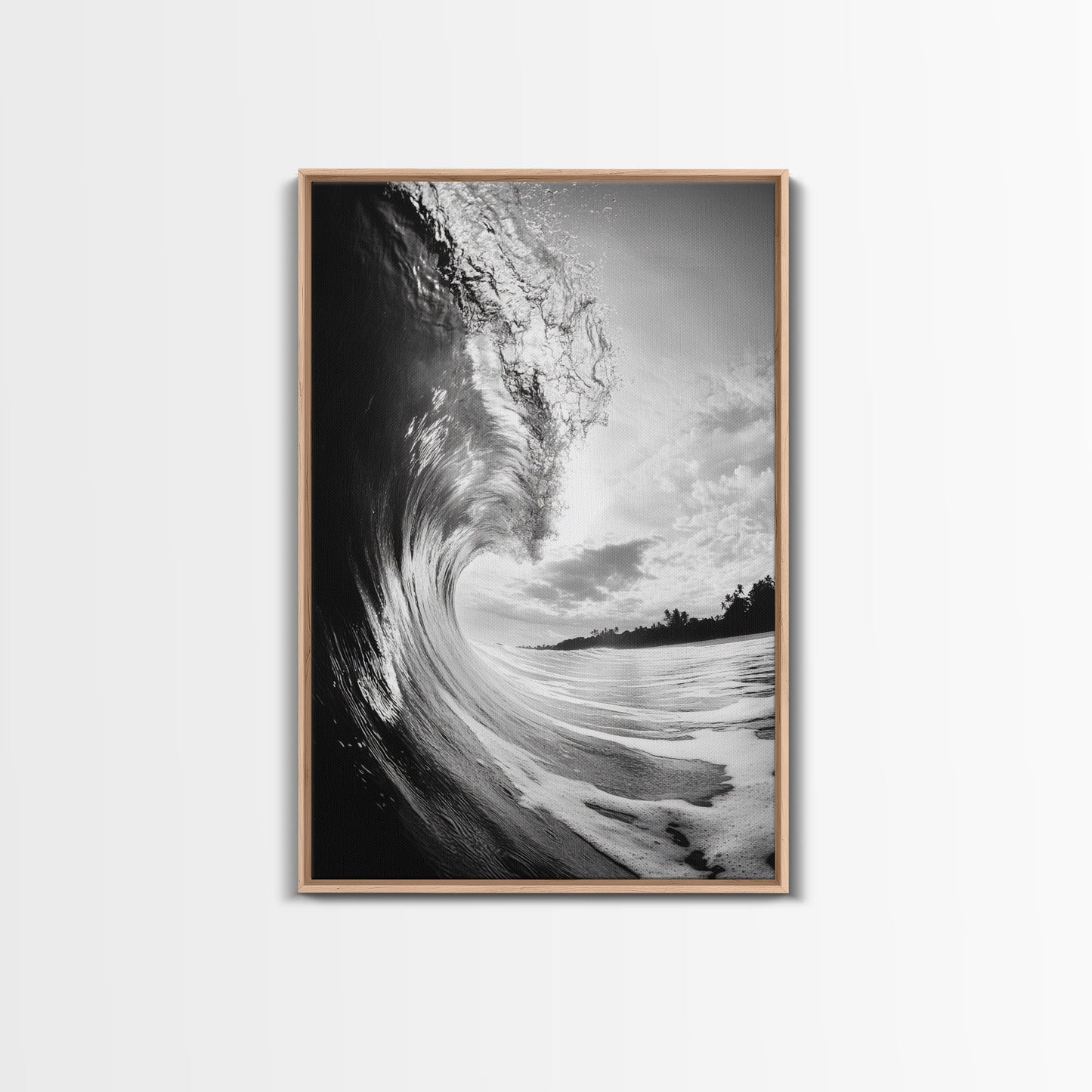 Ocean Wave Curl, Sea Barrel Art, Surf Power Print, Framed Canvas Print, Bathroom Wall Art, Modern Beach Decor, Black White Seascape Light Oak Floater
