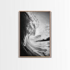 Ocean Wave Curl, Sea Barrel Art, Surf Power Print, Framed Canvas Print, Bathroom Wall Art, Modern Beach Decor, Black White Seascape Light Oak Frame