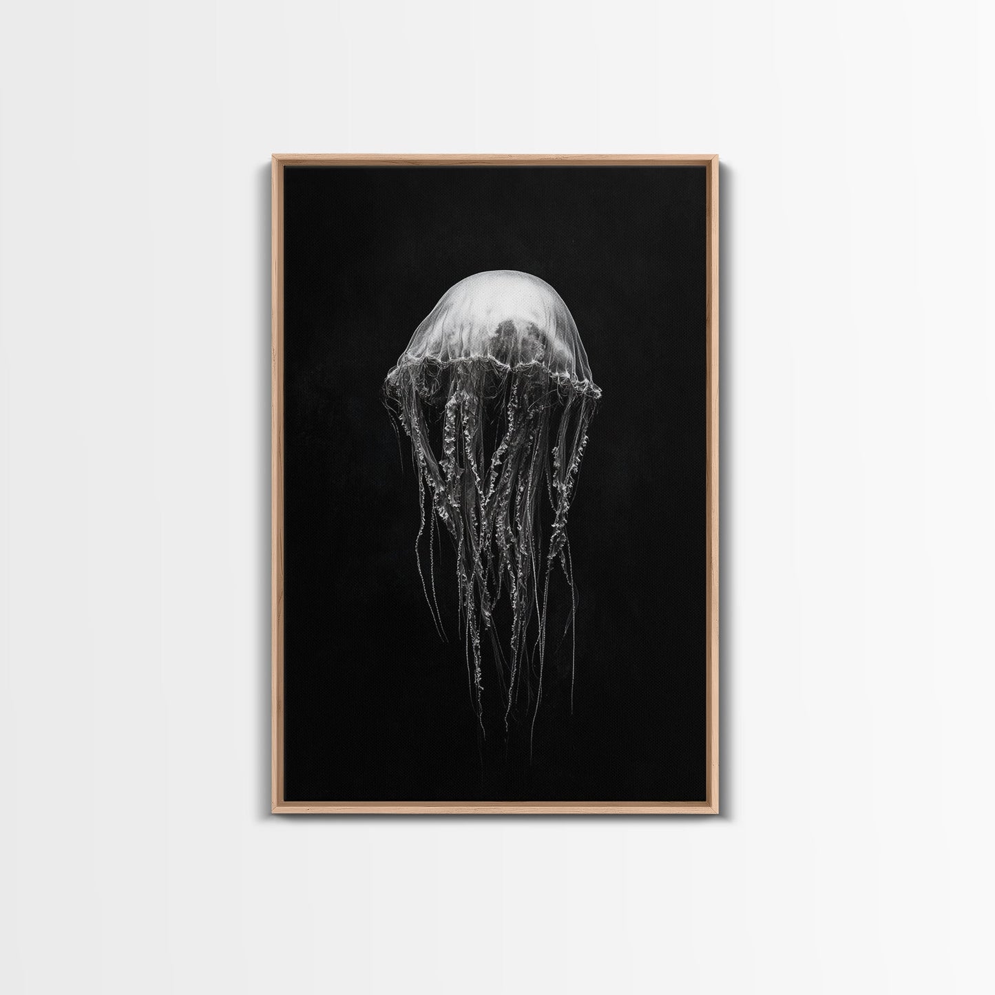 Elegant Jellyfish Art, Ocean Wildlife, Monochrome Marine, Framed Canvas Print, Bathroom Decor, Nautical Wall Art, Minimalist Sea Life Light Oak Floater