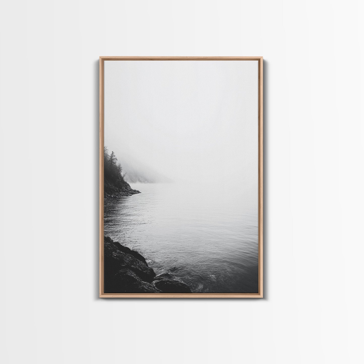 Misty Lakeshore, Foggy Forest Water, Monochrome Tranquility, Framed Canvas Print, Minimalist Art, Calm Landscape, Bedroom Wall Decor Light Oak Floater