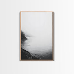 Misty Lakeshore, Foggy Forest Water, Monochrome Tranquility, Framed Canvas Print, Minimalist Art, Calm Landscape, Bedroom Wall Decor Light Oak Frame