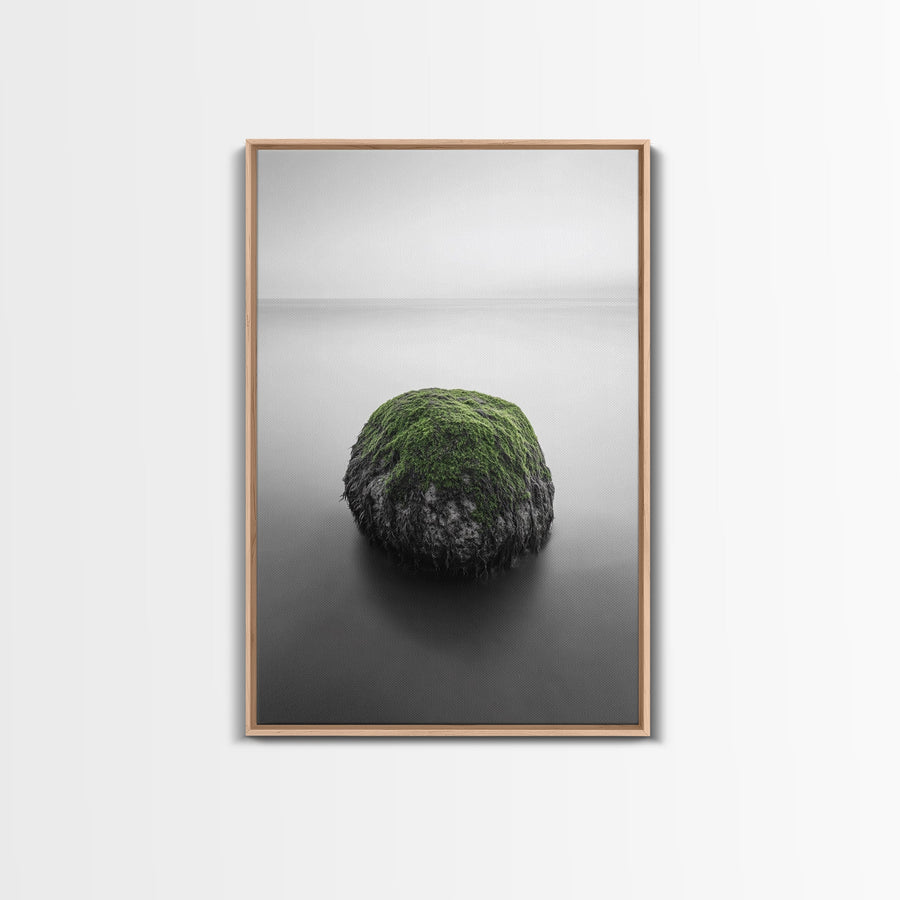 Moss Rock Minimal, Green Accent Art, Coastal Zen Decor, Framed Canvas Print, Modern Neutral Room, Nature Wall Aesthetic Light Oak Frame