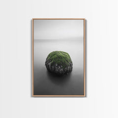 Moss Rock Minimal, Green Accent Art, Coastal Zen Decor, Framed Canvas Print, Modern Neutral Room, Nature Wall Aesthetic Light Oak Frame