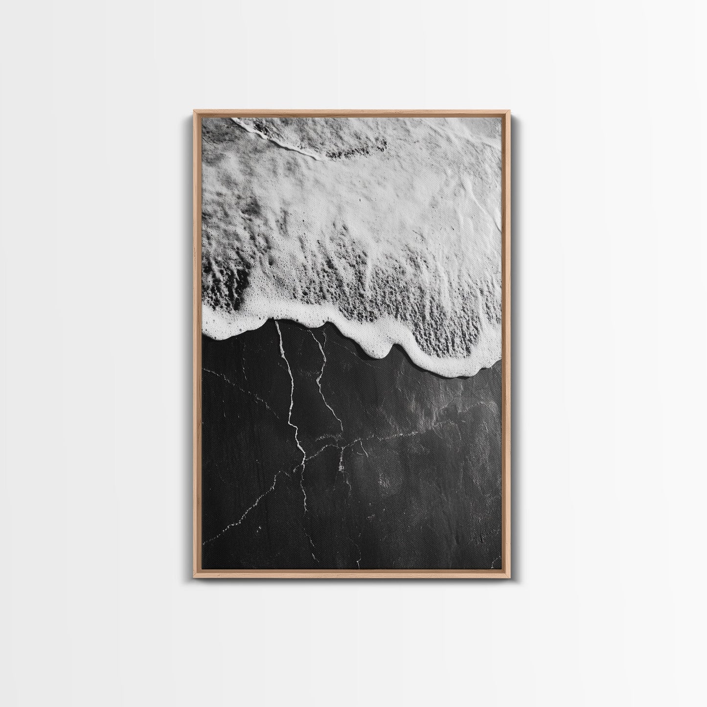 Wave Edge, Cracked Earth, Tide Meets Stone, Nature Contrast, Canvas Print, Abstract Ocean Art, Minimalist Wall Decor, Bathroom Artwork Light Oak Floater