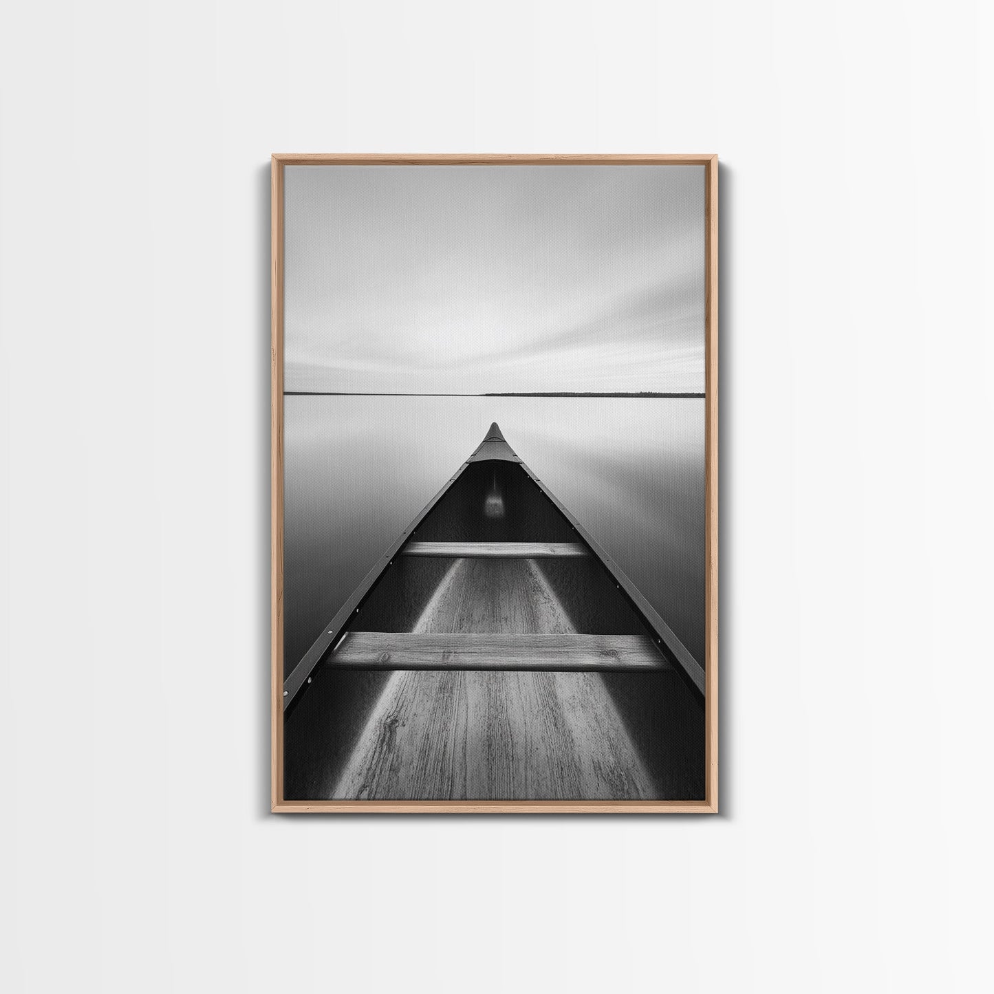 Canoe, Lake, Calm, Horizon - Minimalist lake paddle scene, Framed Canvas Print, peaceful home office art, Scandinavian decor, wilderness print Light Oak Floater