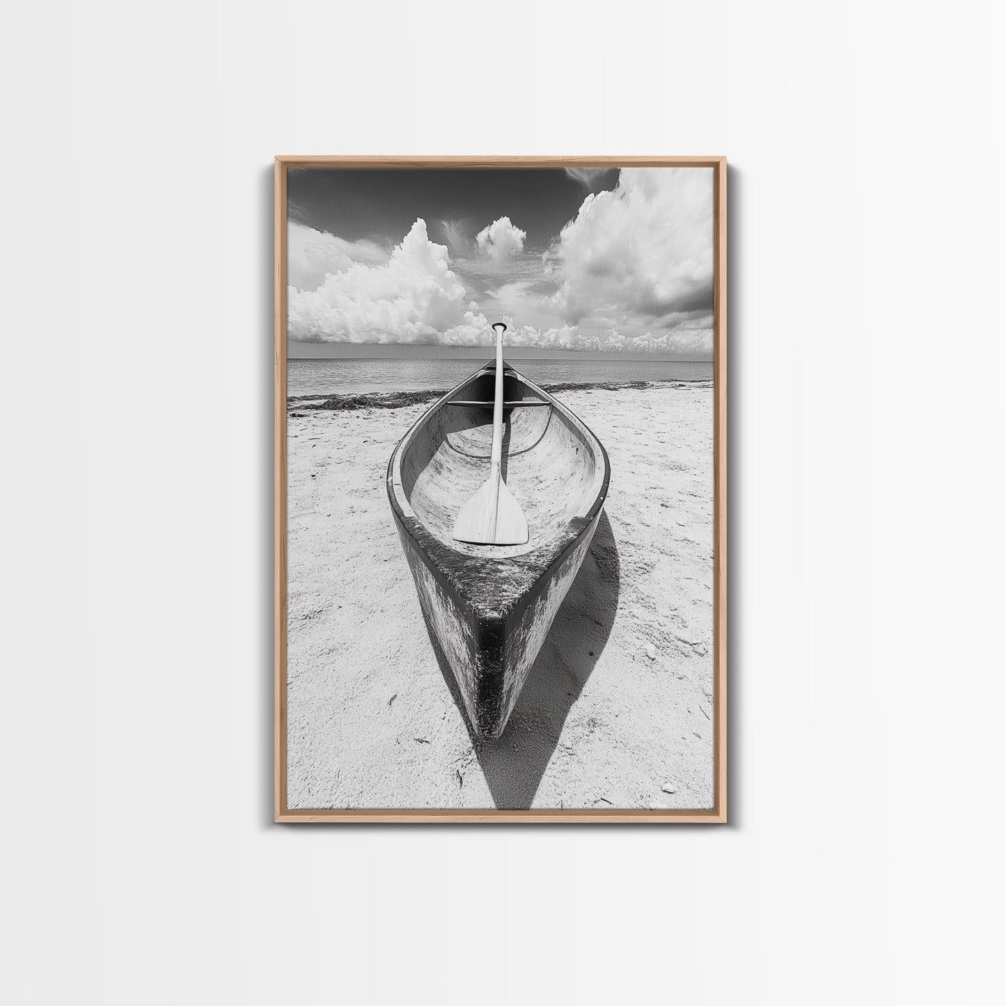 Paddle, Canoe, Beach, Clouds - Summer boating scene, Canvas Print, ideal bathroom or guestroom nautical art, rustic coastal boho wall decor Light Oak Floater