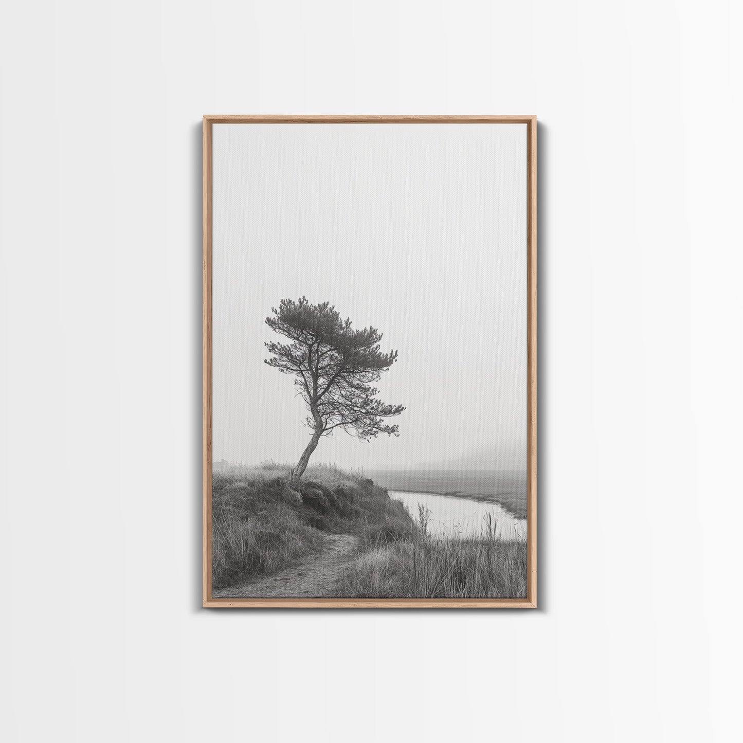 Leaning Tree Path, Soft Fog Scene, Calm Landscape, Canvas Print, Serene Entryway Wall Art, Nature Photography, Minimalist Decor Light Oak Floater