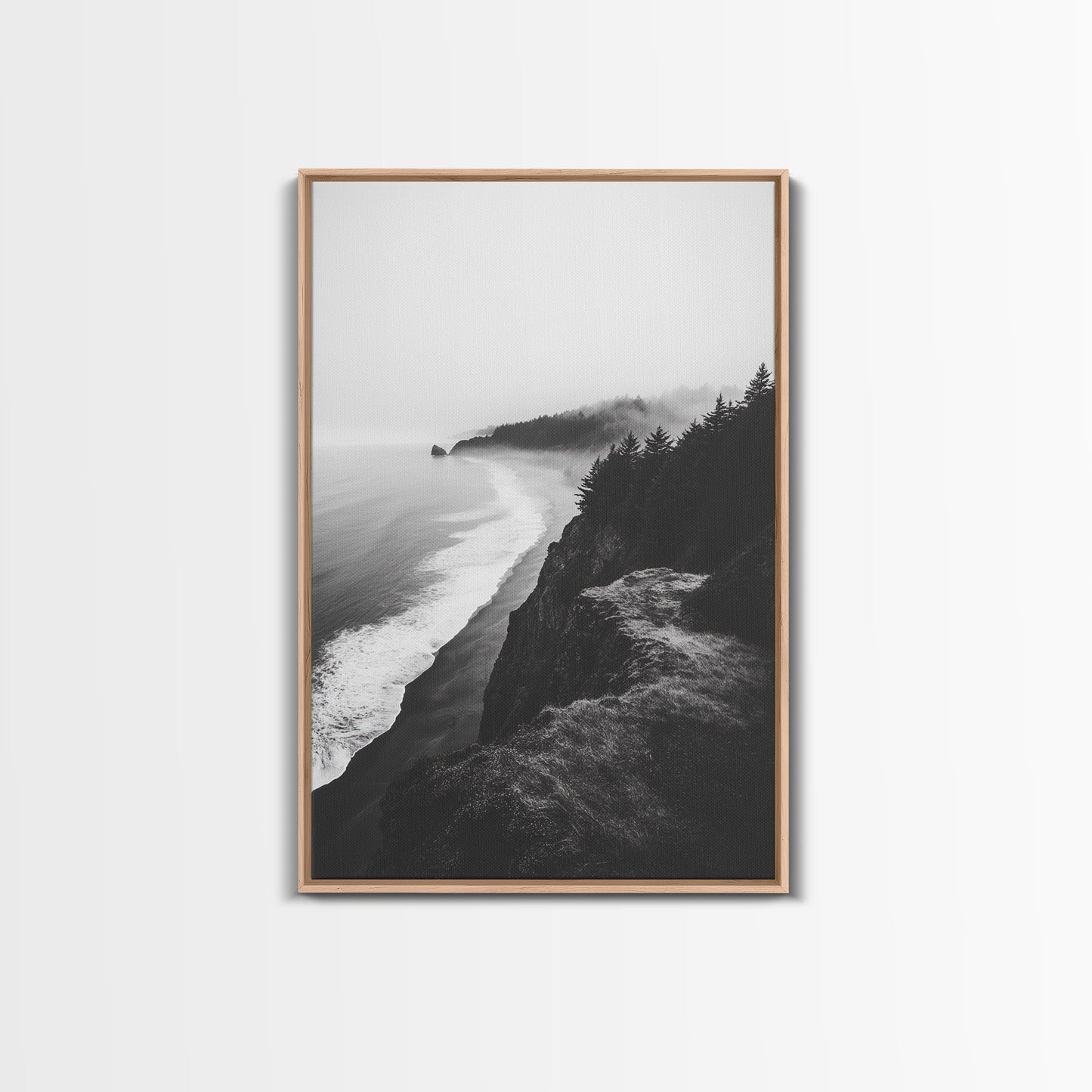 Misty Coastline, Pine Forest, Foggy Morning, Framed Canvas Print, Moody Nature Decor, Living Room Wall Art, Monochrome Style Light Oak Floater