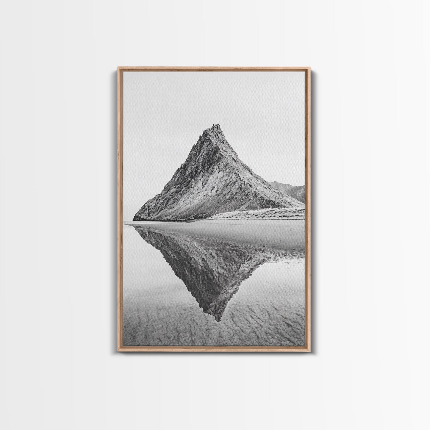 Mountain Mirror, Coastal Peak, Serene Beach, Canvas Print, Minimalist Landscape Art, Modern Living Room Wall Decor, Monochrome Nature Style Light Oak Floater