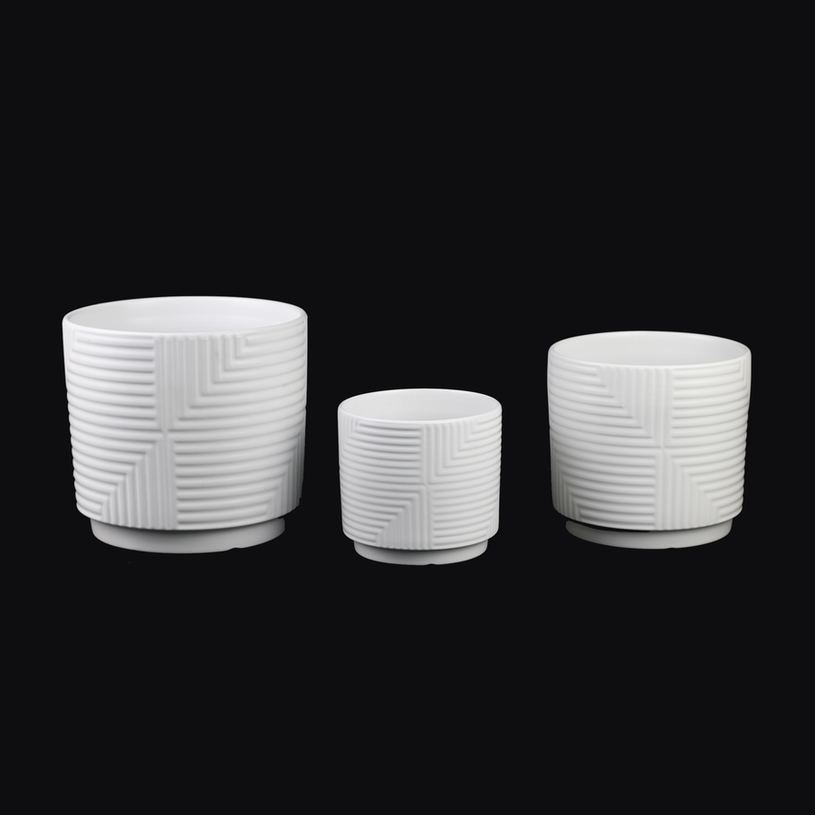 3-Piece White Stoneware Planter Set with Geometric Line Design pot only no saucer
