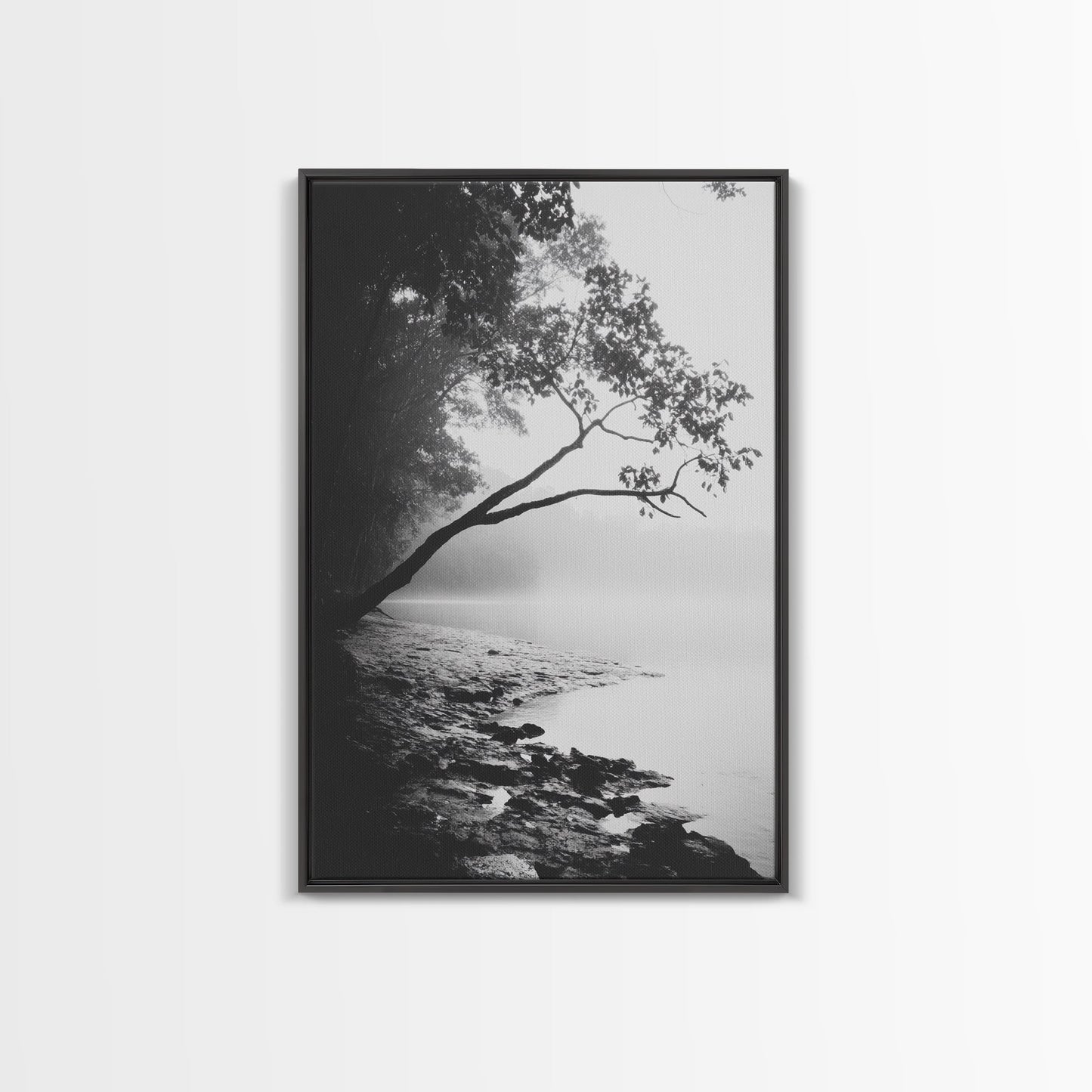 Misty Tree, Shoreline Fog, Forest Edge, Moody Atmosphere, Framed Canvas Print, Bedroom Wall Art, Autumn Woodland Style, Serene Nature Decor Black Floater