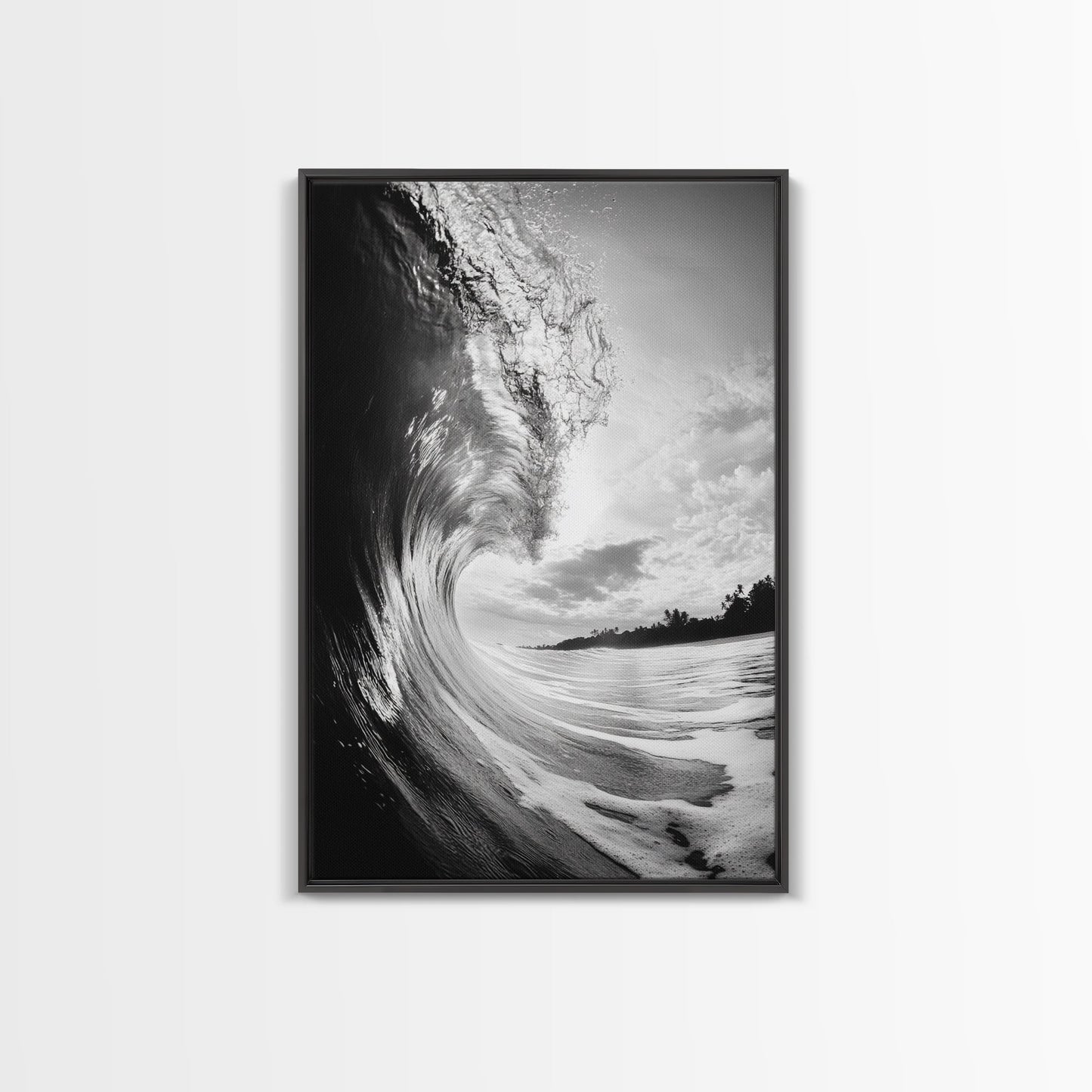 Ocean Wave Curl, Sea Barrel Art, Surf Power Print, Framed Canvas Print, Bathroom Wall Art, Modern Beach Decor, Black White Seascape Black Floater