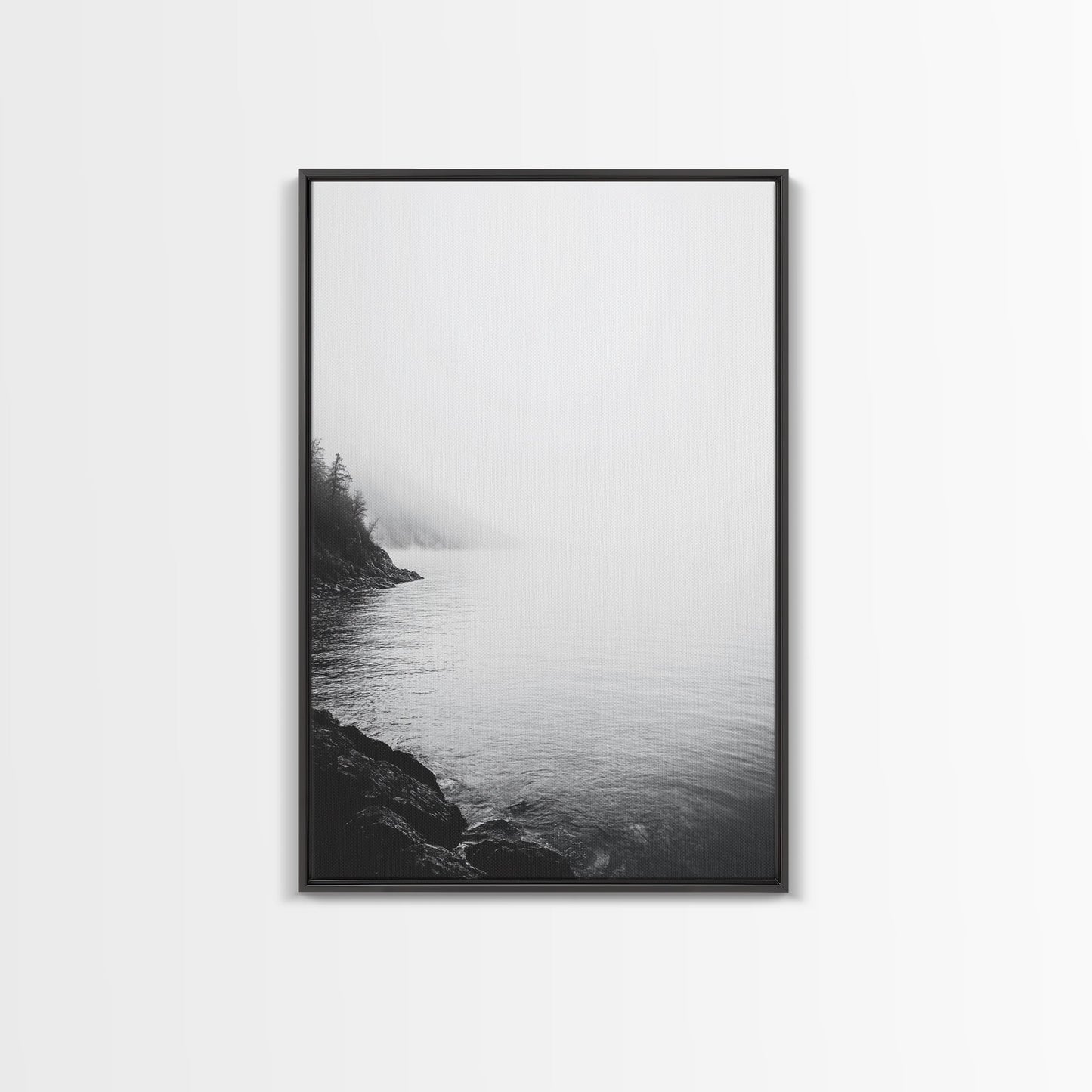 Misty Lakeshore, Foggy Forest Water, Monochrome Tranquility, Framed Canvas Print, Minimalist Art, Calm Landscape, Bedroom Wall Decor Black Floater