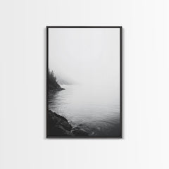 Misty Lakeshore, Foggy Forest Water, Monochrome Tranquility, Framed Canvas Print, Minimalist Art, Calm Landscape, Bedroom Wall Decor Black Frame