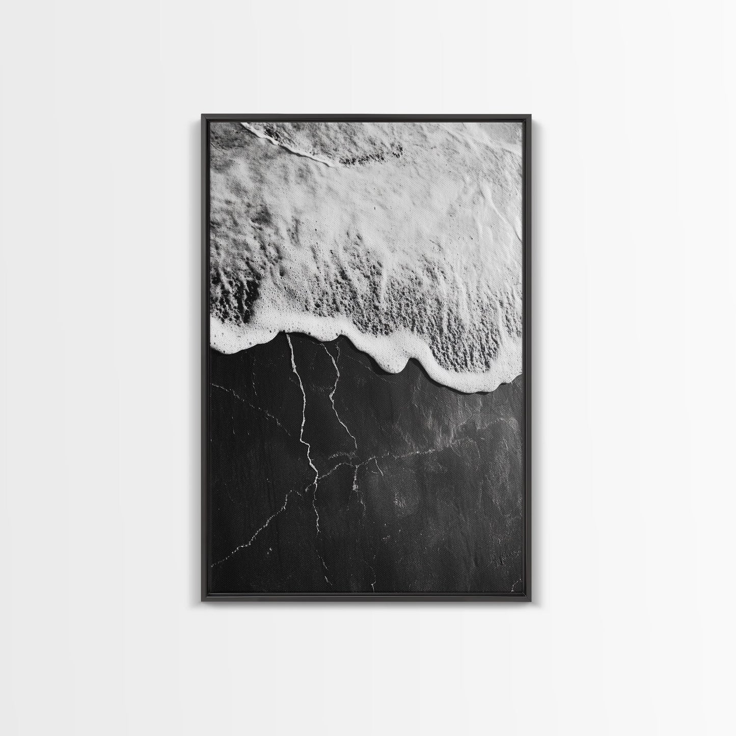Wave Edge, Cracked Earth, Tide Meets Stone, Nature Contrast, Canvas Print, Abstract Ocean Art, Minimalist Wall Decor, Bathroom Artwork Black Floater