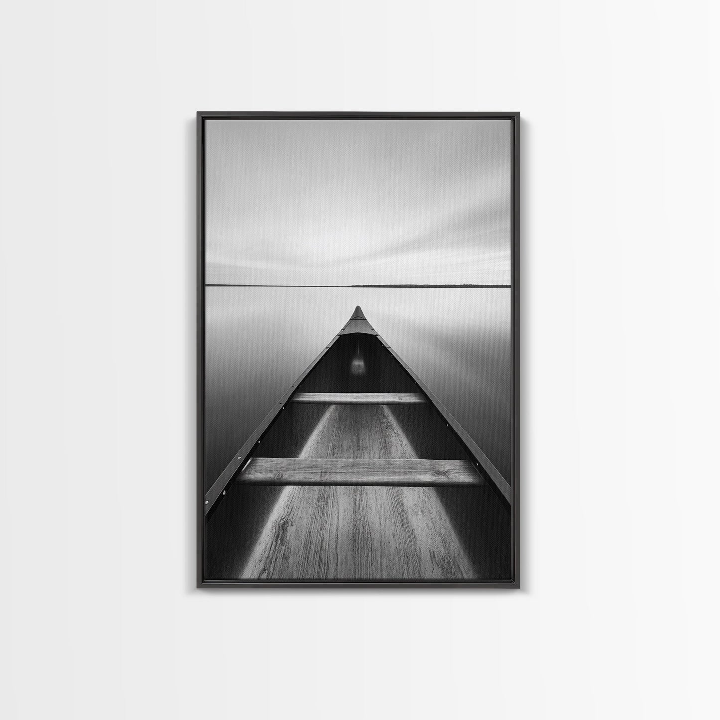 Canoe, Lake, Calm, Horizon - Minimalist lake paddle scene, Framed Canvas Print, peaceful home office art, Scandinavian decor, wilderness print Black Floater