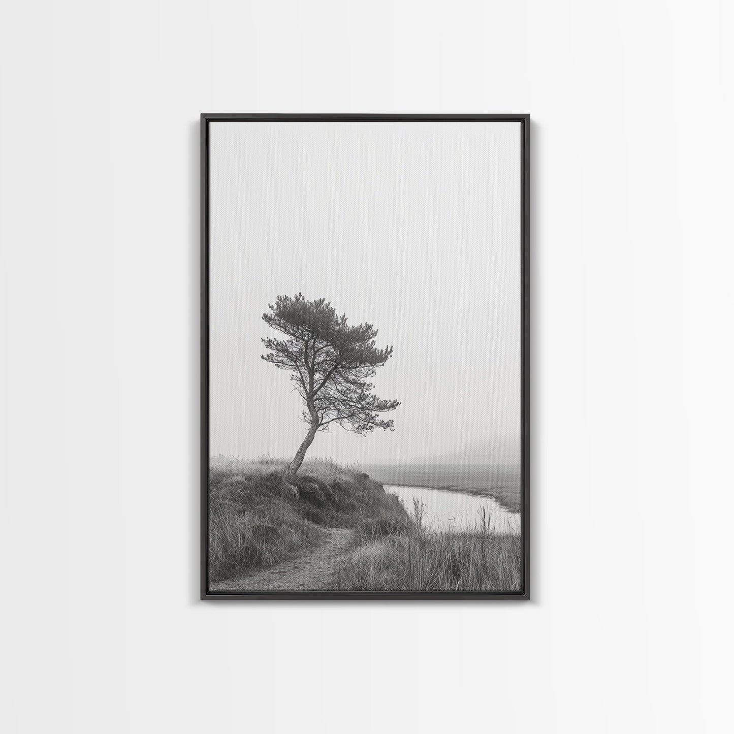 Leaning Tree Path, Soft Fog Scene, Calm Landscape, Canvas Print, Serene Entryway Wall Art, Nature Photography, Minimalist Decor Black Floater