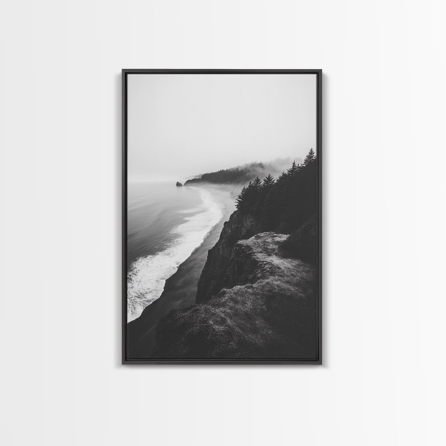 Misty Coastline, Pine Forest, Foggy Morning, Framed Canvas Print, Moody Nature Decor, Living Room Wall Art, Monochrome Style Black Floater