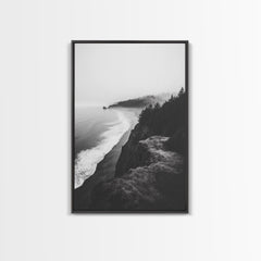 Misty Coastline, Pine Forest, Foggy Morning, Framed Canvas Print, Moody Nature Decor, Living Room Wall Art, Monochrome Style Black Frame