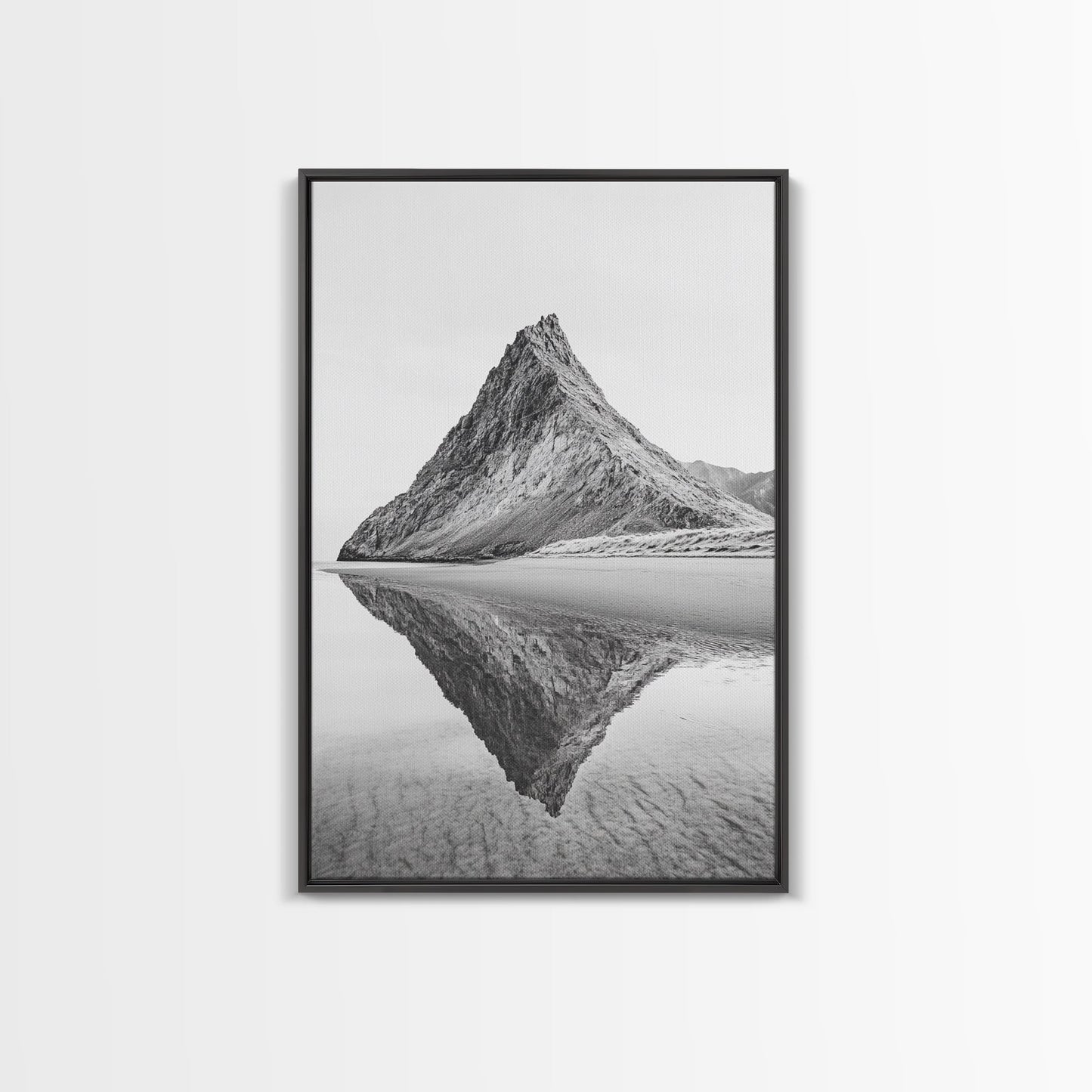 Mountain Mirror, Coastal Peak, Serene Beach, Canvas Print, Minimalist Landscape Art, Modern Living Room Wall Decor, Monochrome Nature Style Black Floater