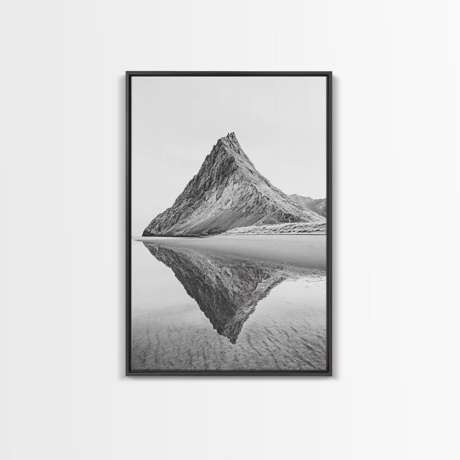 Mountain Mirror, Coastal Peak, Serene Beach, Canvas Print, Minimalist Landscape Art, Modern Living Room Wall Decor, Monochrome Nature Style Black Frame