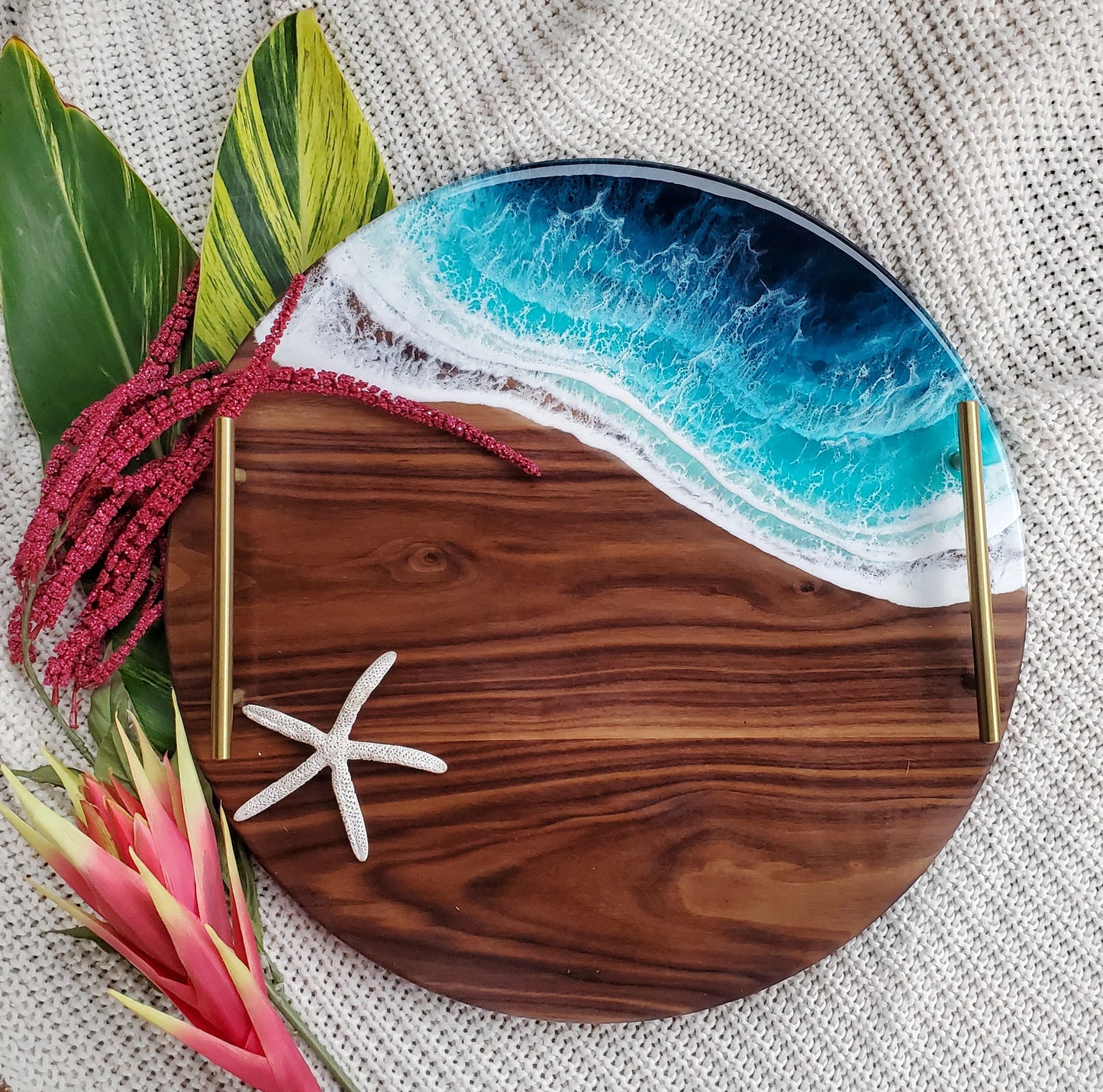 Medium Round Serving Tray Black Walnut Bali Breeze (Dark Turquoise) Gold Round