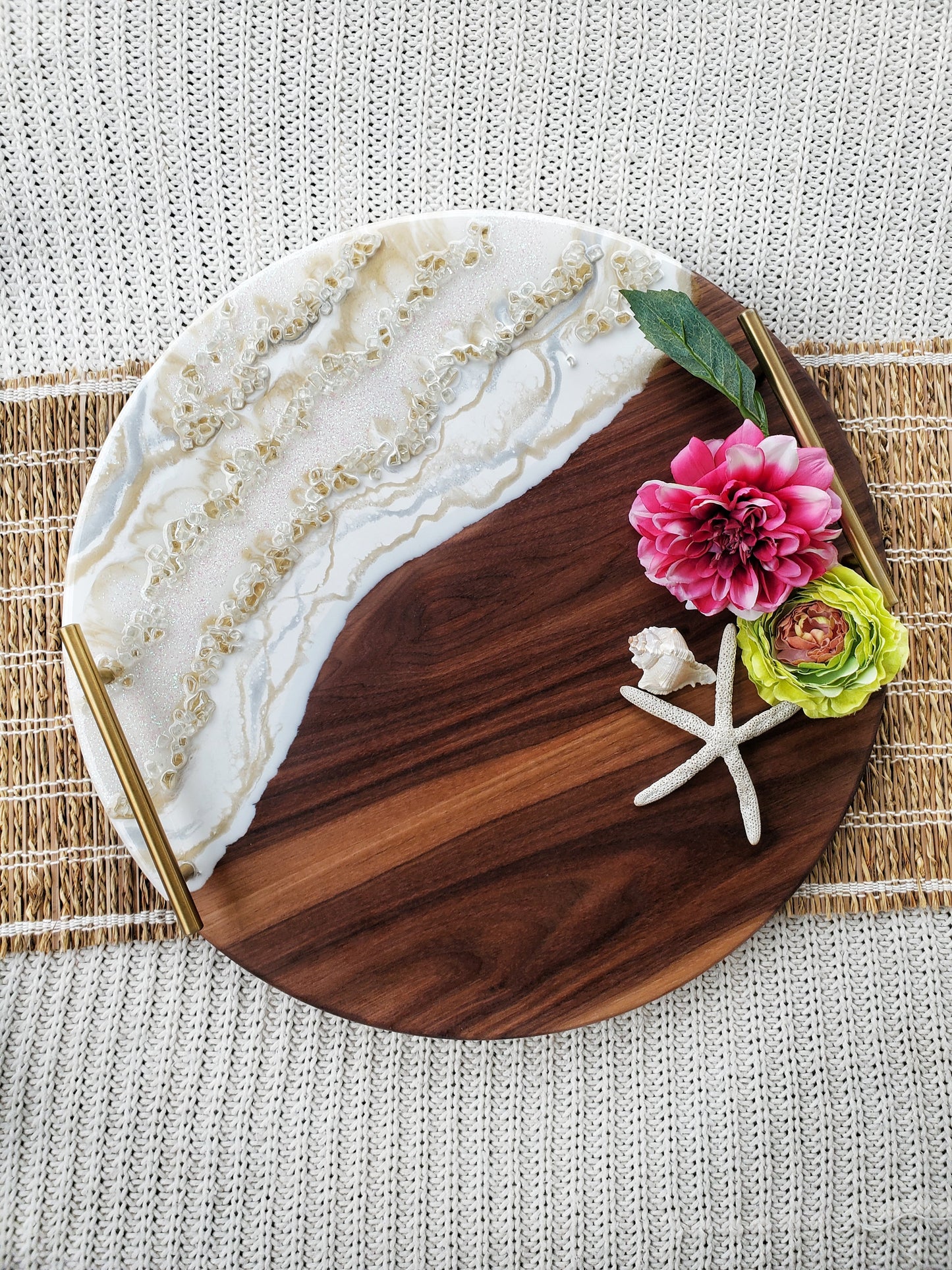 Medium Round Serving Tray Black Walnut Gold Round