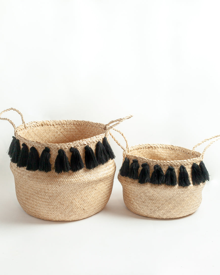 Black Tasseled Belly Baskets Medium + Large Set
