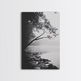 Misty Tree, Shoreline Fog, Forest Edge, Moody Atmosphere, Framed Canvas Print, Bedroom Wall Art, Autumn Woodland Style, Serene Nature Decor Gallery Wrap Canvas - Ready To Hang