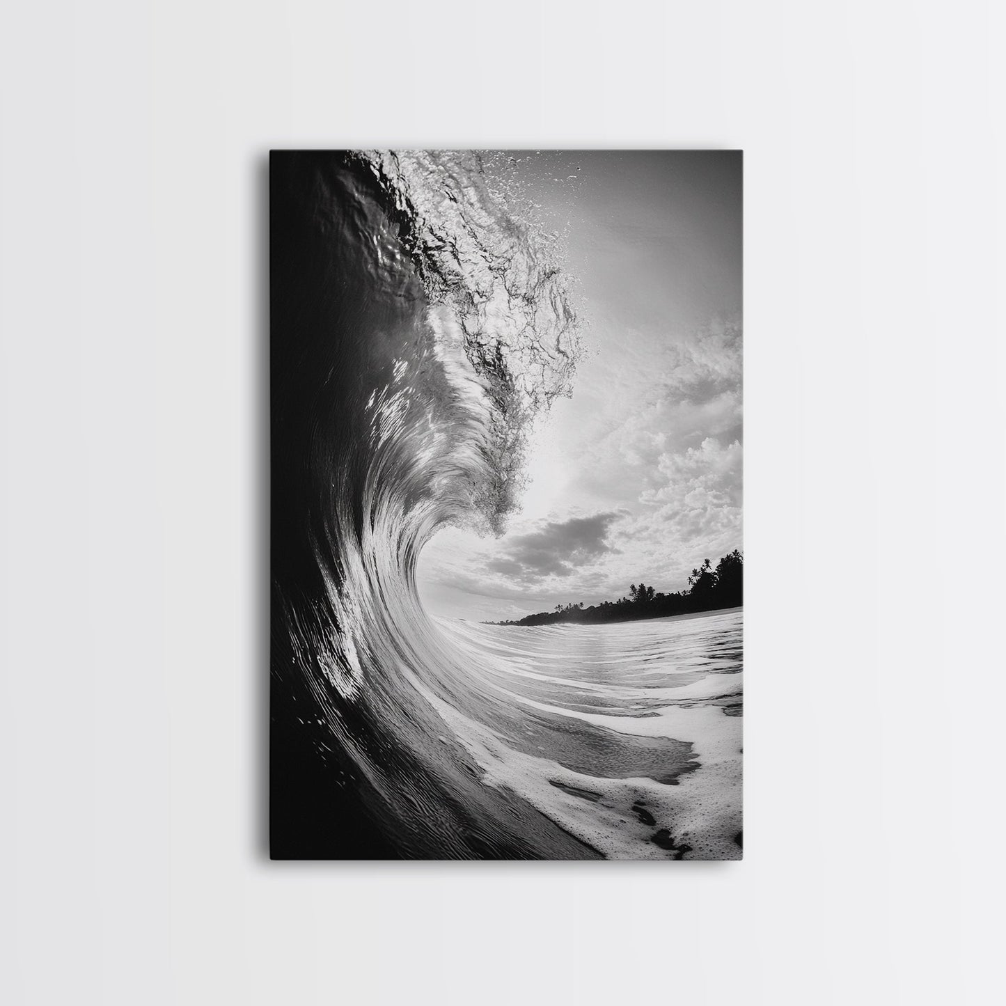 Ocean Wave Curl, Sea Barrel Art, Surf Power Print, Framed Canvas Print, Bathroom Wall Art, Modern Beach Decor, Black White Seascape No Frame - Stretched Canvas Only