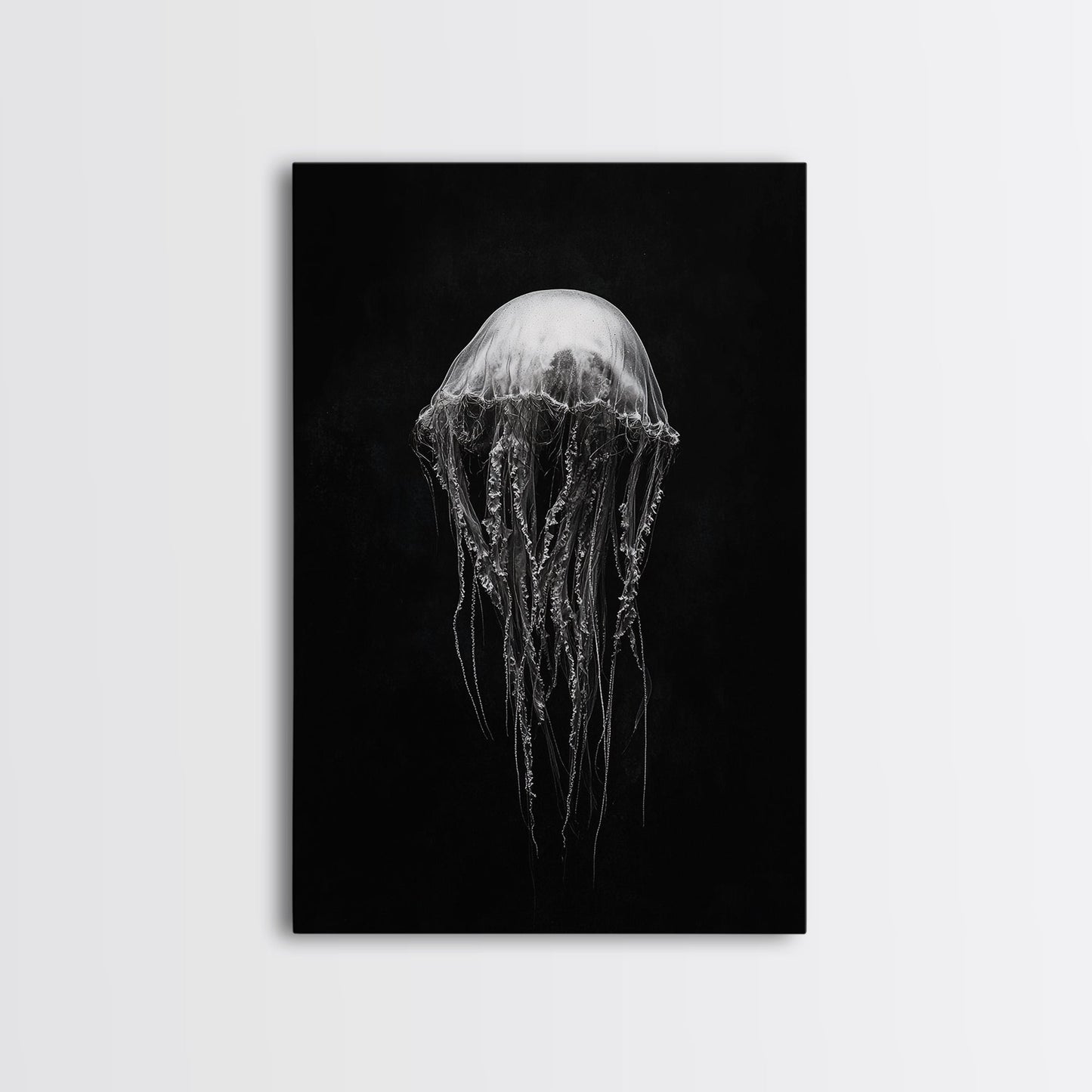 Elegant Jellyfish Art, Ocean Wildlife, Monochrome Marine, Framed Canvas Print, Bathroom Decor, Nautical Wall Art, Minimalist Sea Life No Frame - Stretched Canvas Only