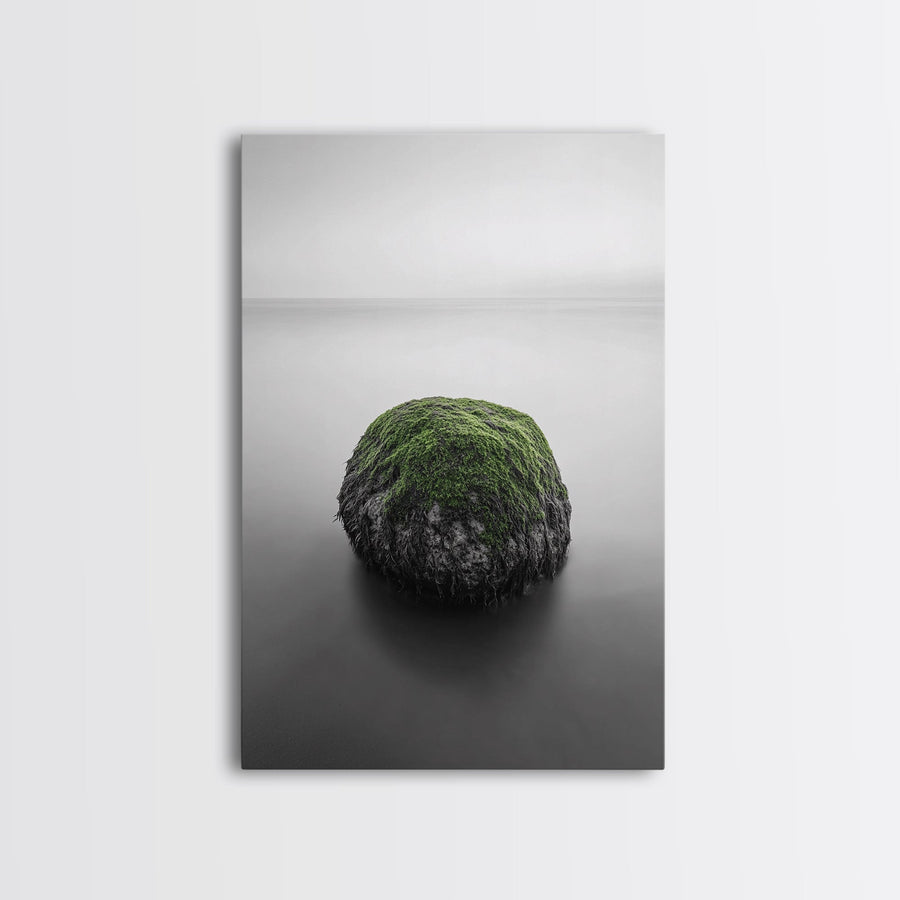 Moss Rock Minimal, Green Accent Art, Coastal Zen Decor, Framed Canvas Print, Modern Neutral Room, Nature Wall Aesthetic Gallery Wrap Canvas - Ready To Hang