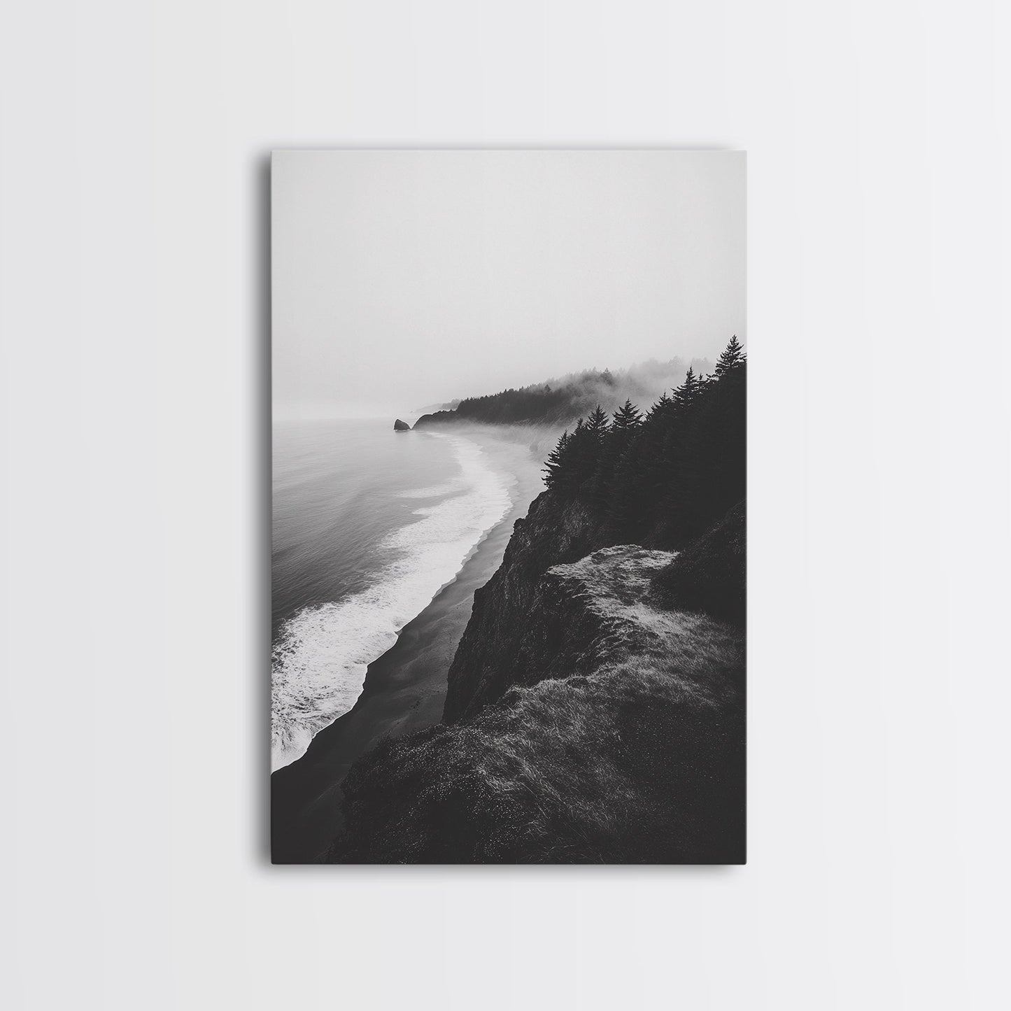 Misty Coastline, Pine Forest, Foggy Morning, Framed Canvas Print, Moody Nature Decor, Living Room Wall Art, Monochrome Style No Frame - Stretched Canvas Only