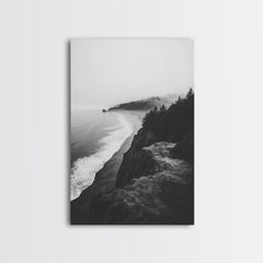 Misty Coastline, Pine Forest, Foggy Morning, Framed Canvas Print, Moody Nature Decor, Living Room Wall Art, Monochrome Style Gallery Wrap Canvas - Ready To Hang