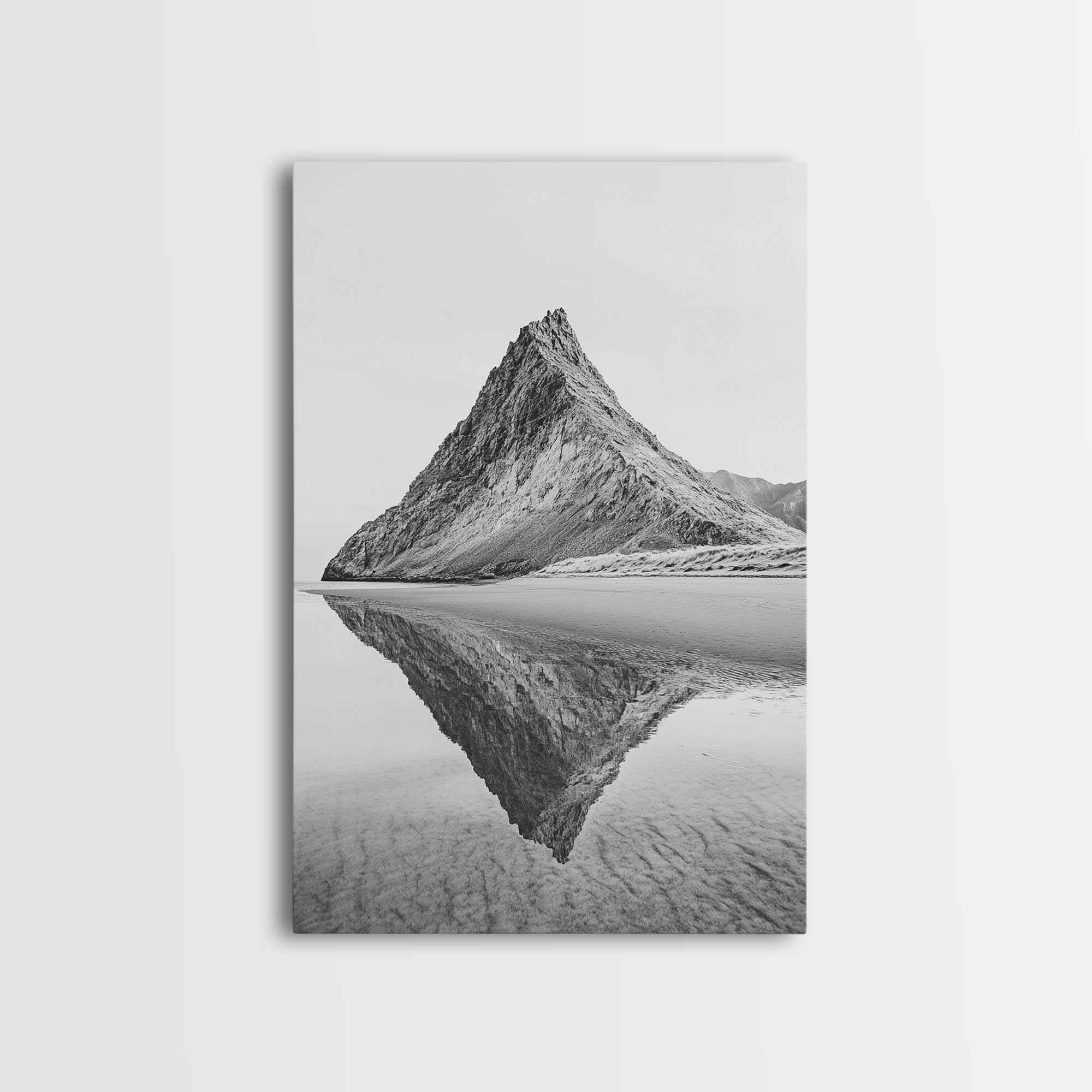 Mountain Mirror, Coastal Peak, Serene Beach, Canvas Print, Minimalist Landscape Art, Modern Living Room Wall Decor, Monochrome Nature Style Gallery Wrap Canvas - Ready To Hang