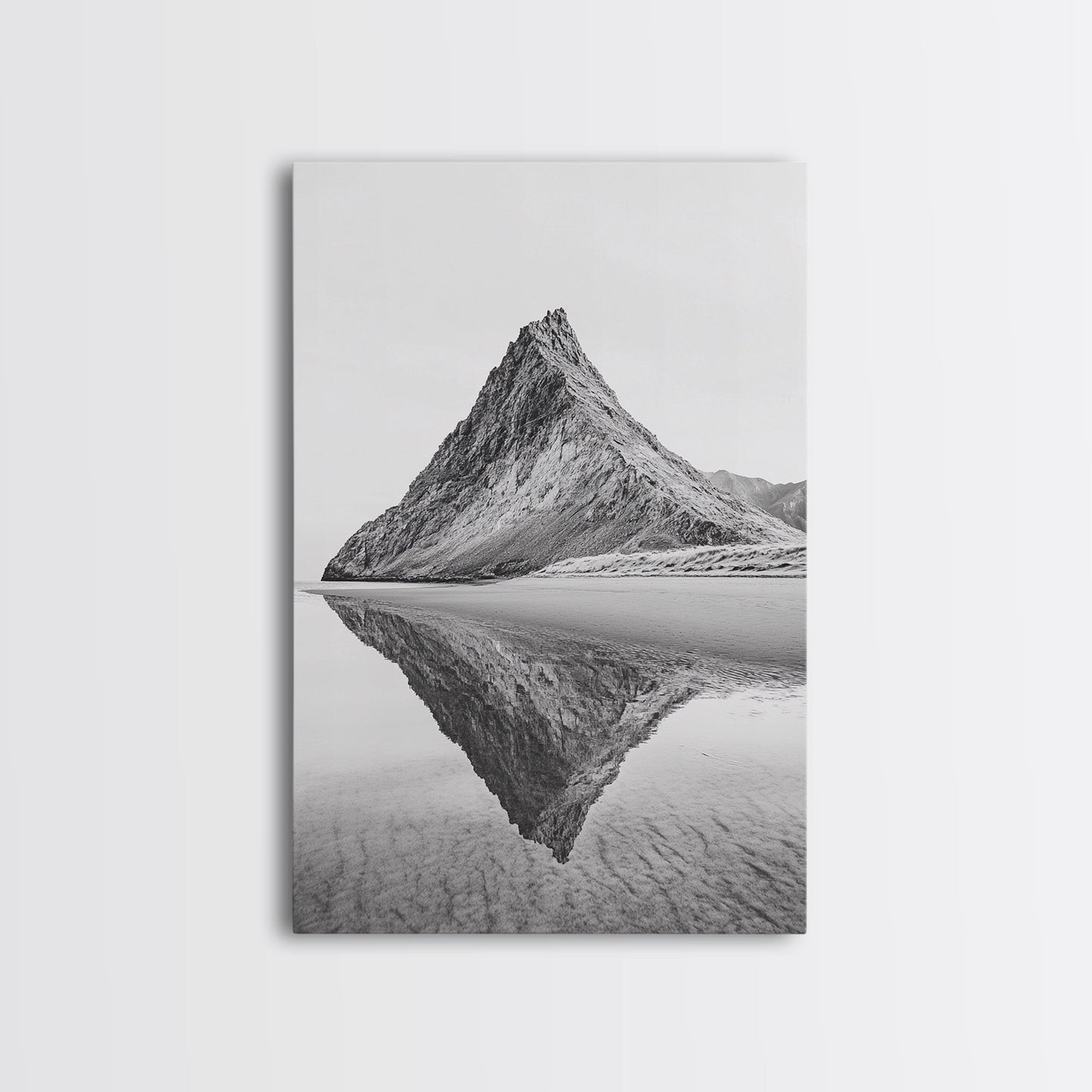 Mountain Mirror, Coastal Peak, Serene Beach, Canvas Print, Minimalist Landscape Art, Modern Living Room Wall Decor, Monochrome Nature Style No Frame - Stretched Canvas Only