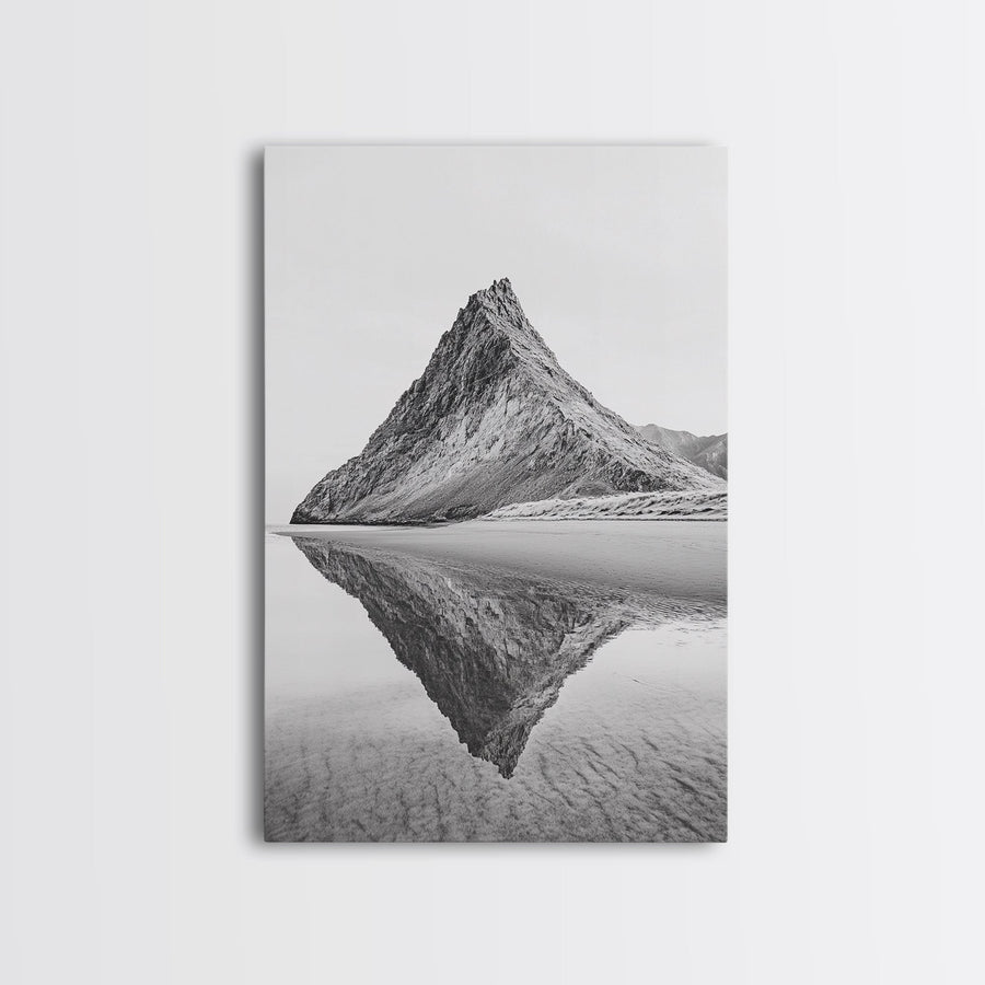 Mountain Mirror, Coastal Peak, Serene Beach, Canvas Print, Minimalist Landscape Art, Modern Living Room Wall Decor, Monochrome Nature Style Gallery Wrap Canvas - Ready To Hang