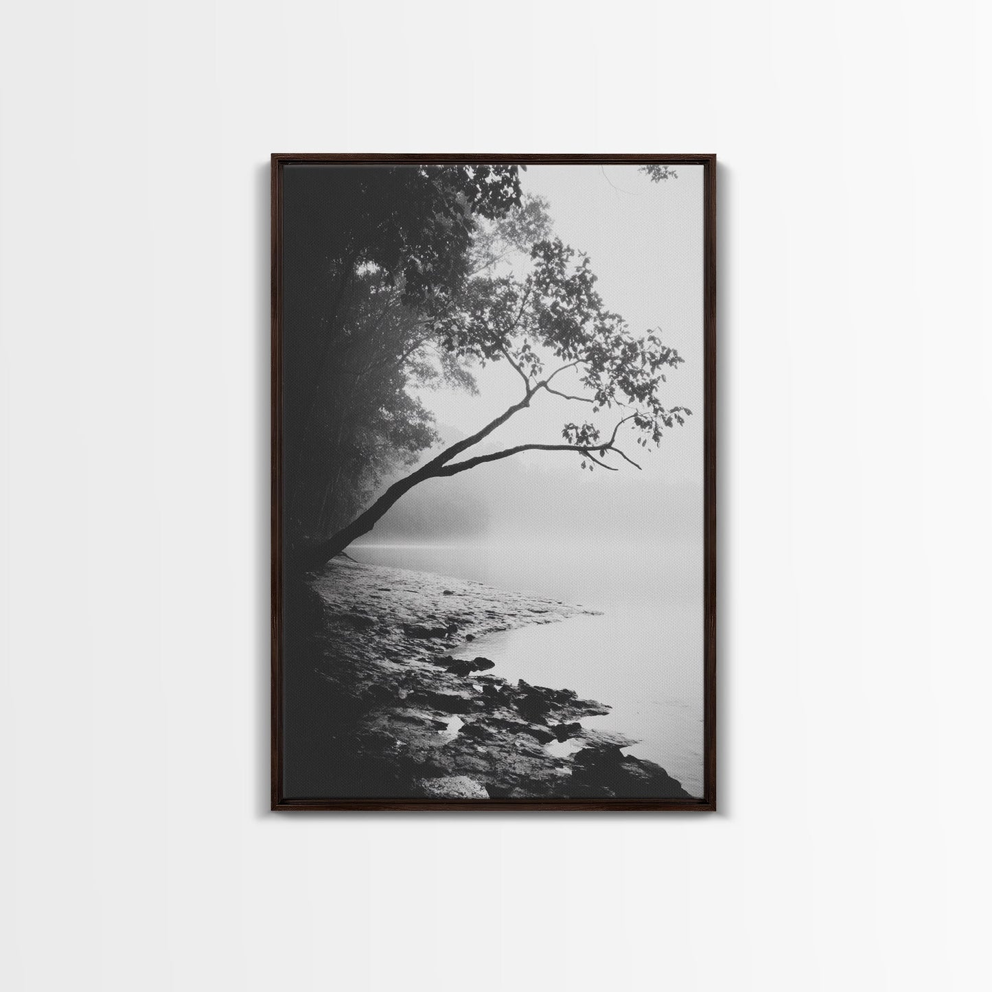 Misty Tree, Shoreline Fog, Forest Edge, Moody Atmosphere, Framed Canvas Print, Bedroom Wall Art, Autumn Woodland Style, Serene Nature Decor Dark Brown Floater
