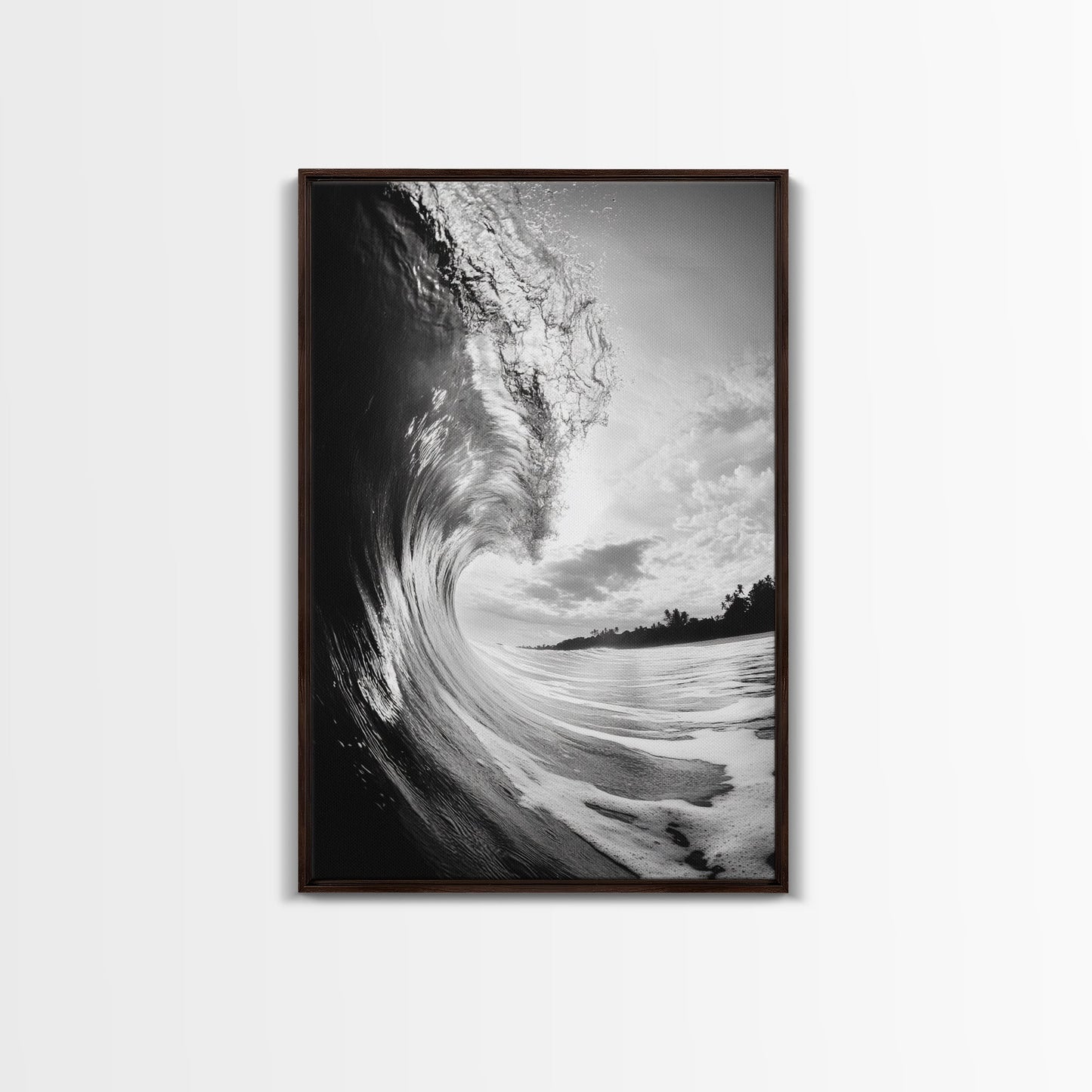 Ocean Wave Curl, Sea Barrel Art, Surf Power Print, Framed Canvas Print, Bathroom Wall Art, Modern Beach Decor, Black White Seascape Dark Brown Floater