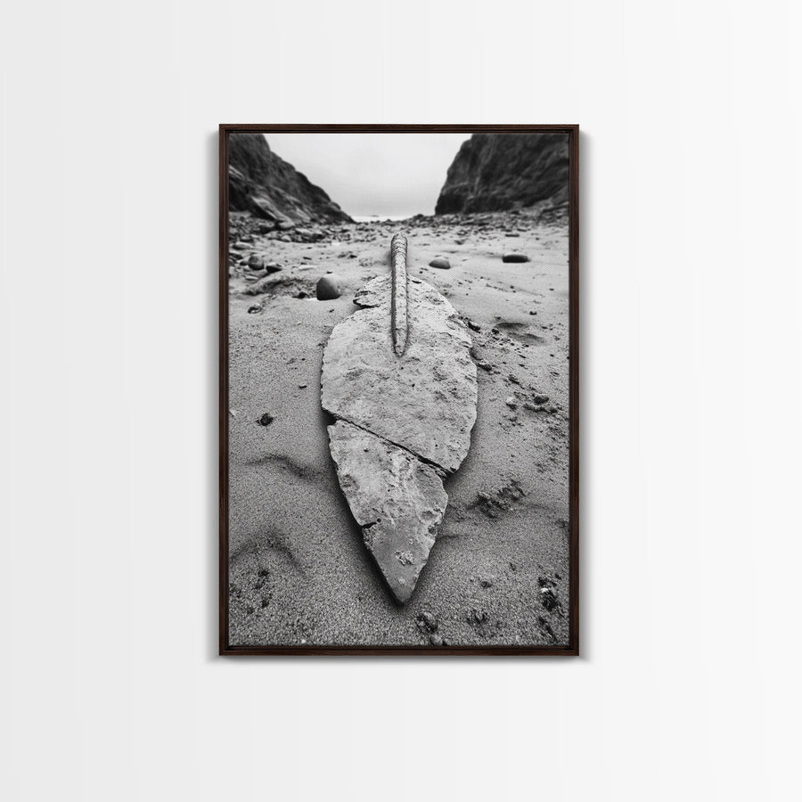 Fossil Rock Shore, Beach Minimalism, Sand Texture Art, Canvas Print, Coastal Wall Art, Natural History Decor, Abstract Earthy Art Walnut Frame