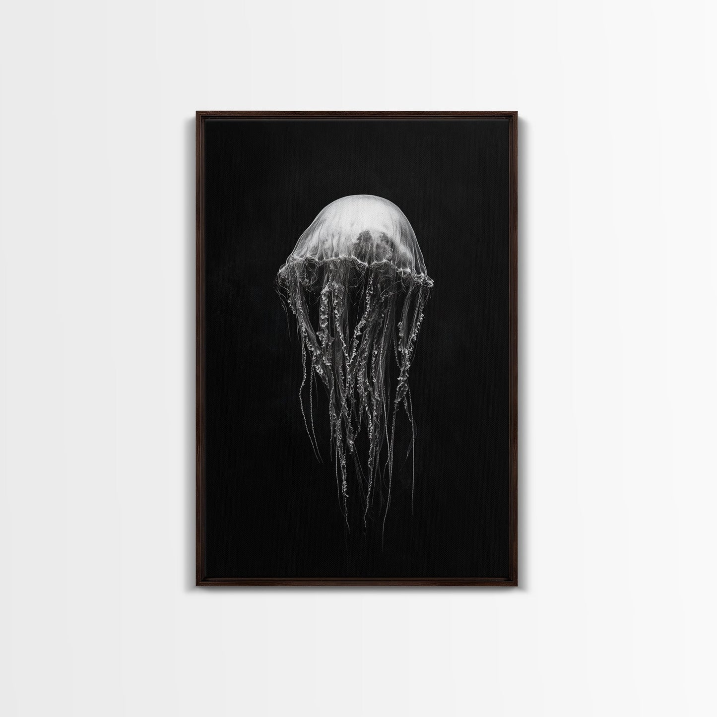 Elegant Jellyfish Art, Ocean Wildlife, Monochrome Marine, Framed Canvas Print, Bathroom Decor, Nautical Wall Art, Minimalist Sea Life Dark Brown Floater