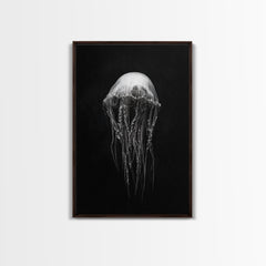 Elegant Jellyfish Art, Ocean Wildlife, Monochrome Marine, Framed Canvas Print, Bathroom Decor, Nautical Wall Art, Minimalist Sea Life Walnut Frame