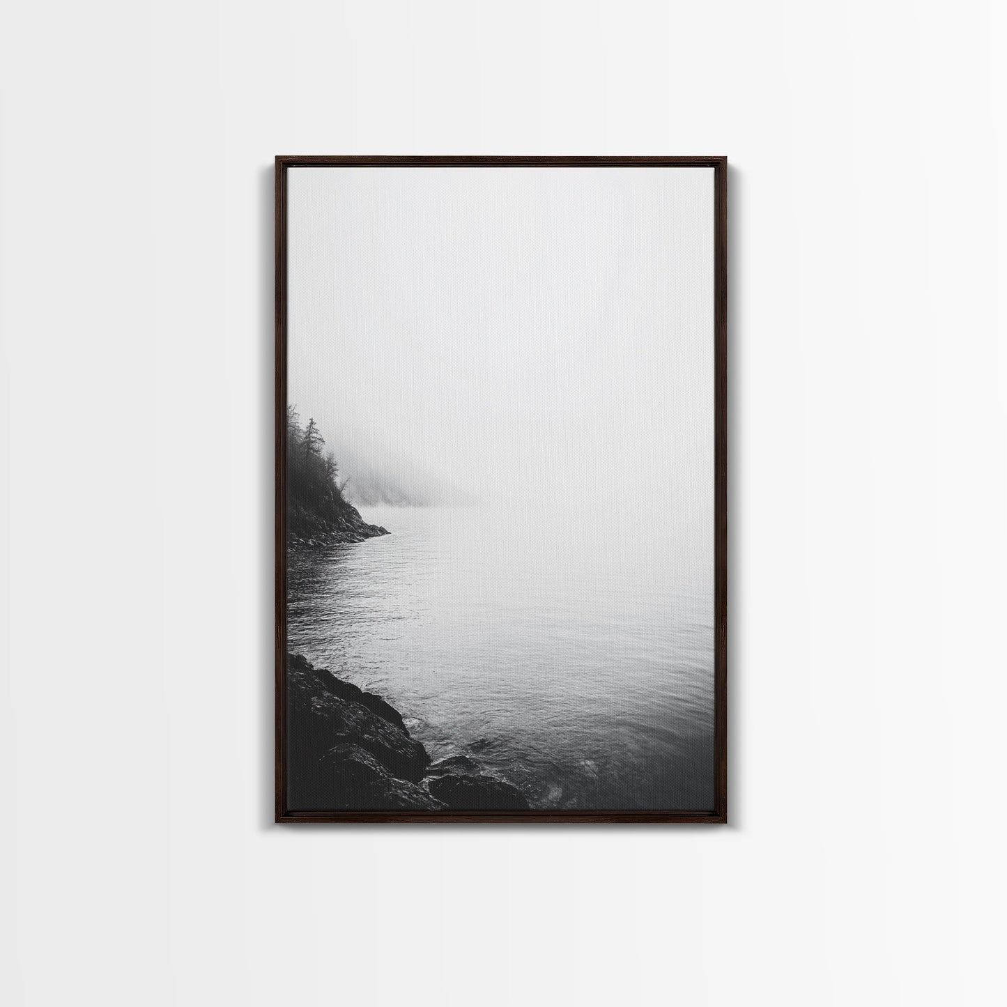 Misty Lakeshore, Foggy Forest Water, Monochrome Tranquility, Framed Canvas Print, Minimalist Art, Calm Landscape, Bedroom Wall Decor Dark Brown Floater