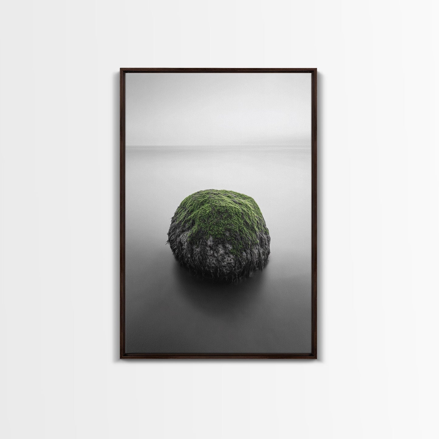Moss Rock Minimal, Green Accent Art, Coastal Zen Decor, Framed Canvas Print, Modern Neutral Room, Nature Wall Aesthetic Dark Brown Floater