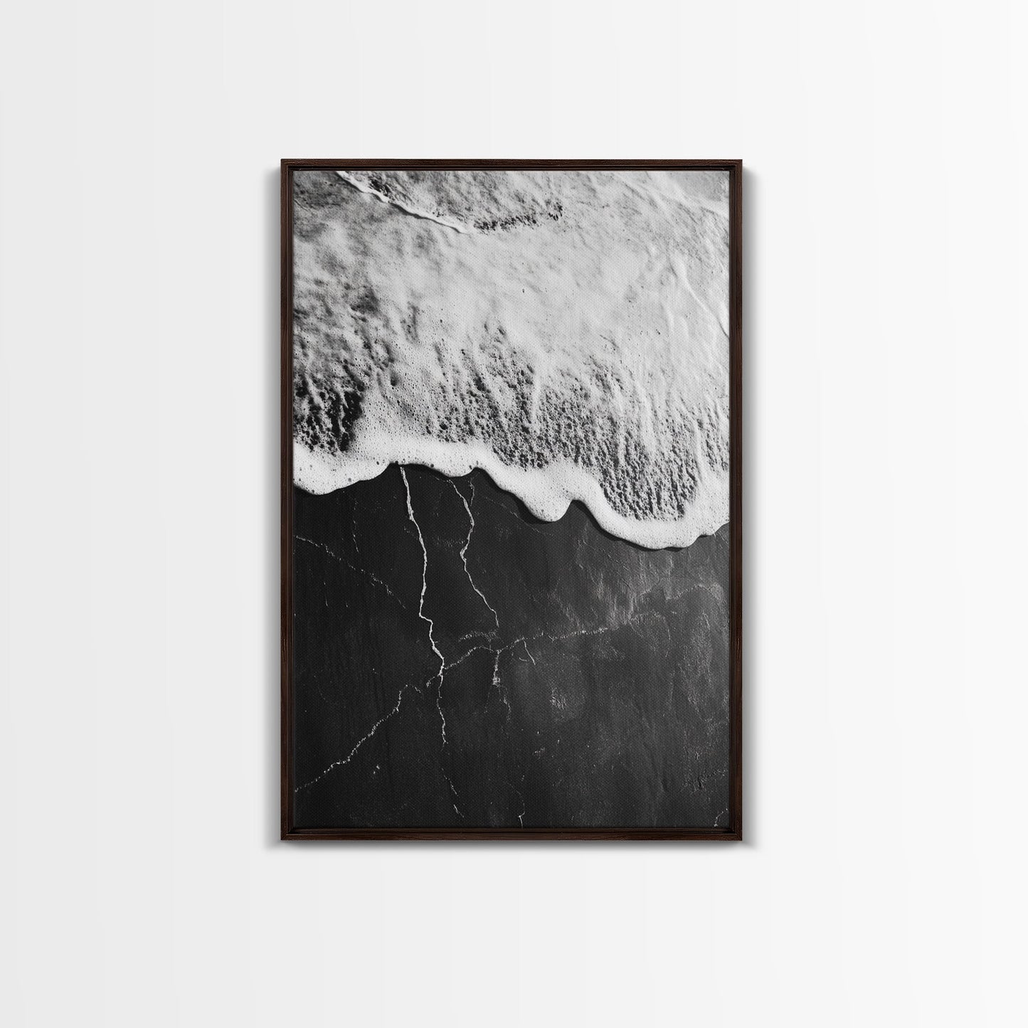 Wave Edge, Cracked Earth, Tide Meets Stone, Nature Contrast, Canvas Print, Abstract Ocean Art, Minimalist Wall Decor, Bathroom Artwork Dark Brown Floater