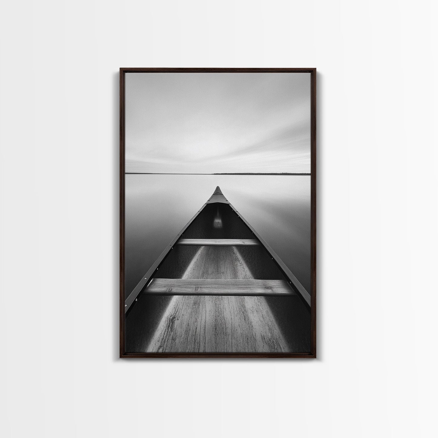 Canoe, Lake, Calm, Horizon - Minimalist lake paddle scene, Framed Canvas Print, peaceful home office art, Scandinavian decor, wilderness print Dark Brown Floater