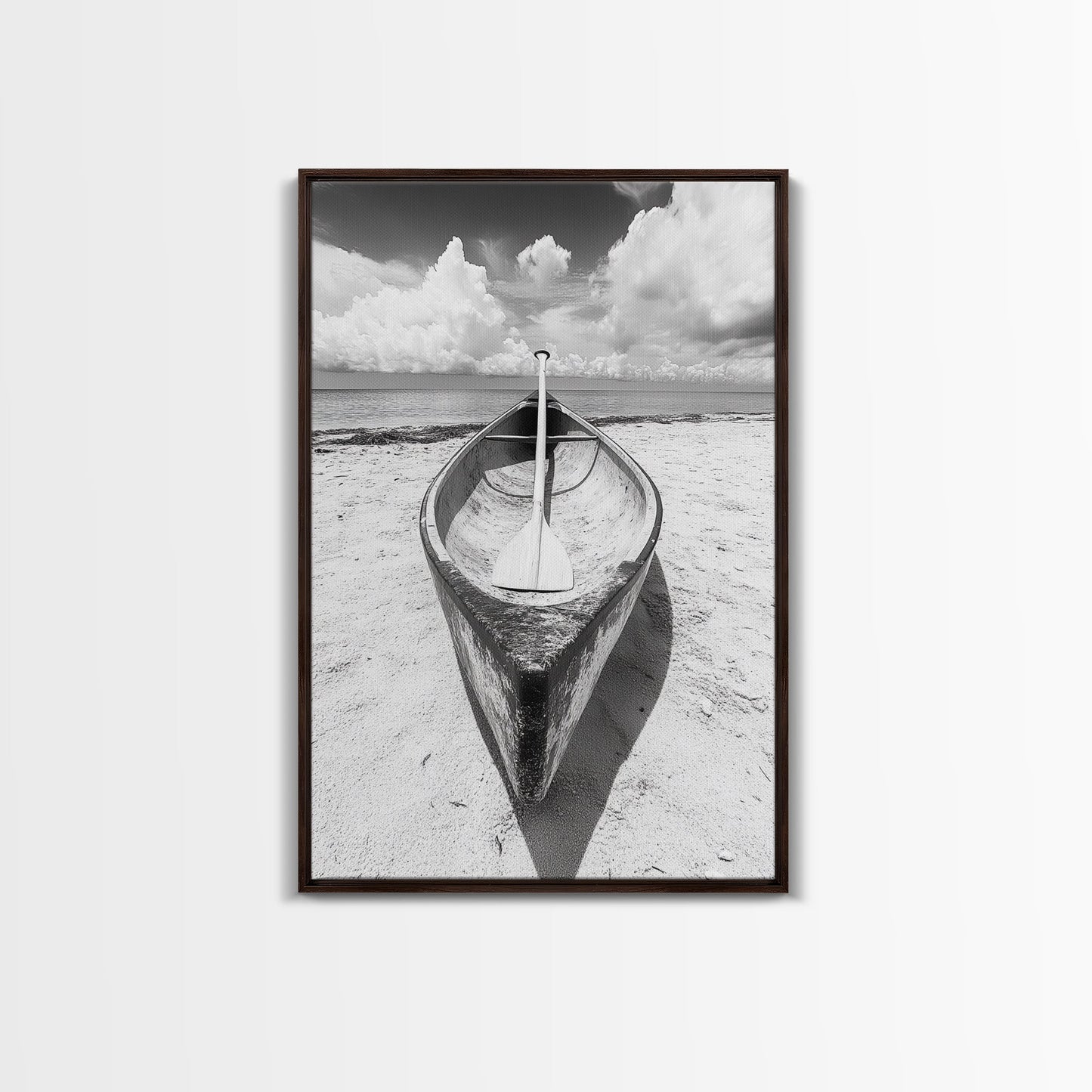 Paddle, Canoe, Beach, Clouds - Summer boating scene, Canvas Print, ideal bathroom or guestroom nautical art, rustic coastal boho wall decor Dark Brown Floater