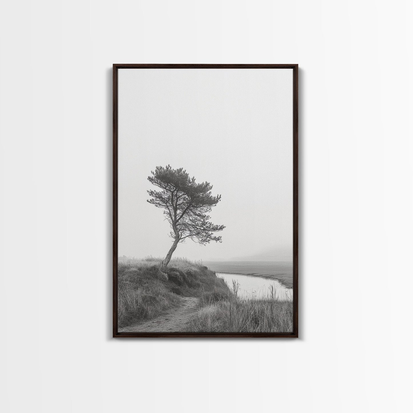Leaning Tree Path, Soft Fog Scene, Calm Landscape, Canvas Print, Serene Entryway Wall Art, Nature Photography, Minimalist Decor Dark Brown Floater